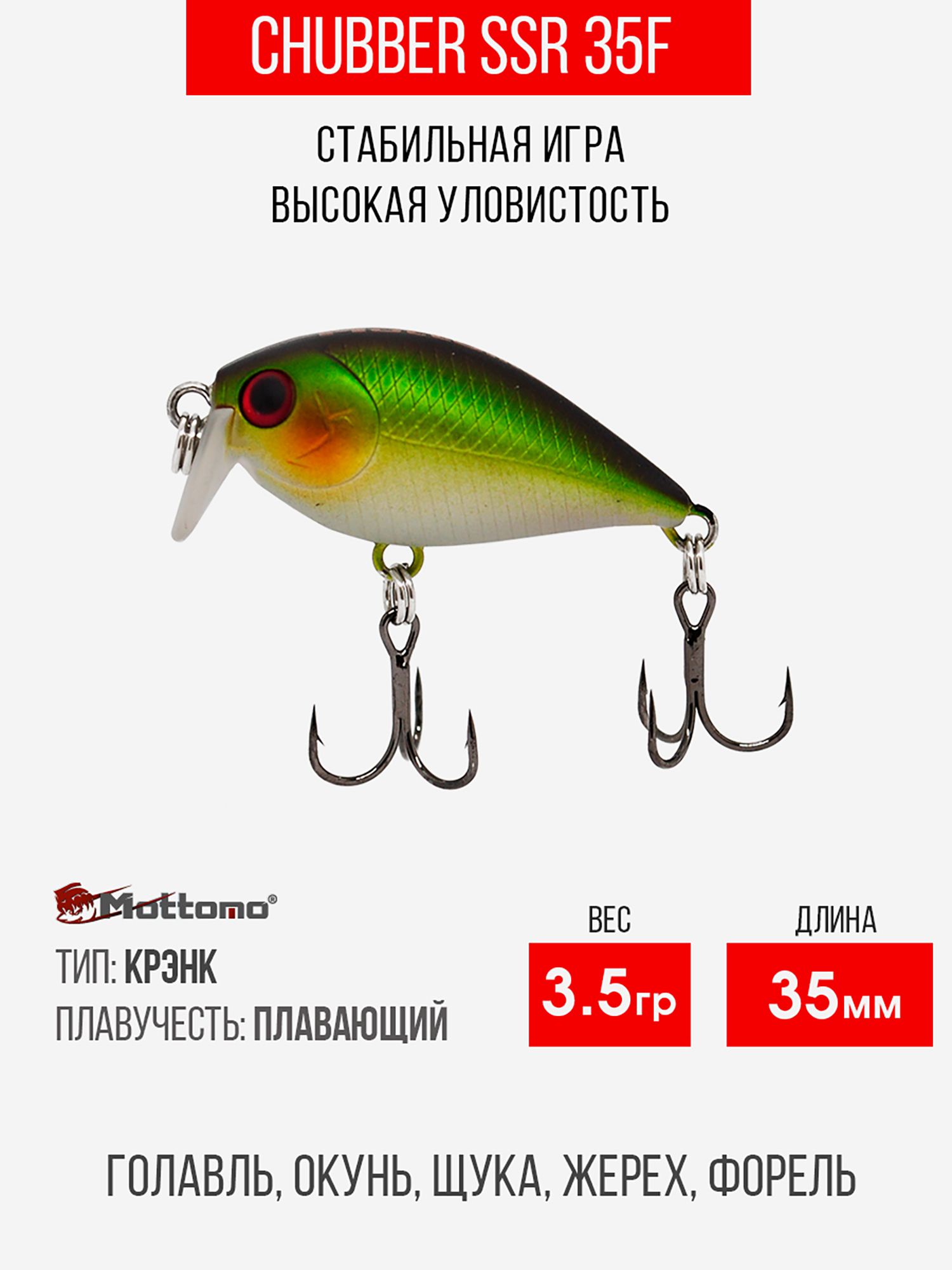 

Воблер Mottomo Chubber SSR 35F 3,5g Light Green, Мультицвет