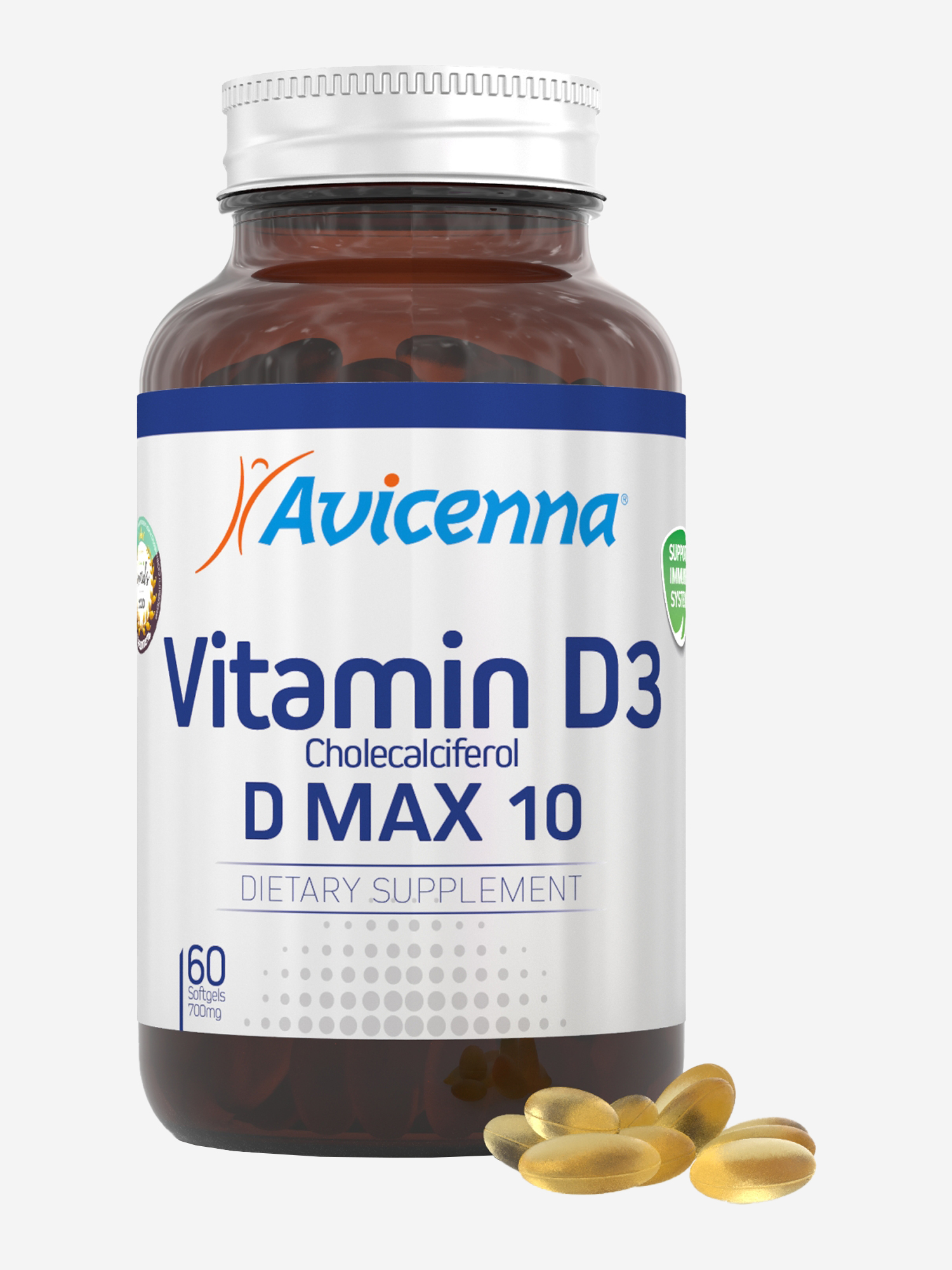 Изображение товара Витамин D3 D MAX 10 Avicenna, унисекс взрослые, 10000 МЕ, 60 капсул, для иммунитета и костей