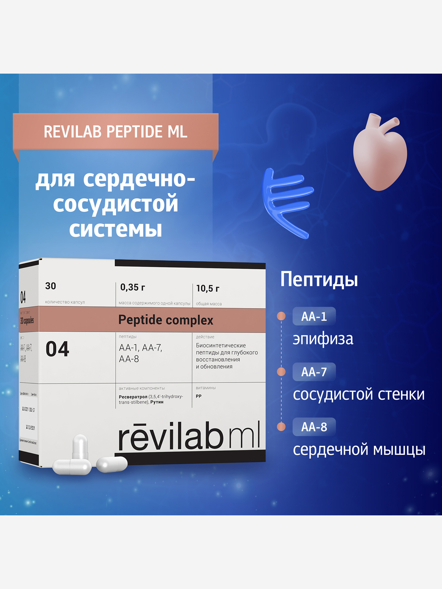 Изображение товара Revilab ML-04 пептидный комплекс для сердечно-сосудистой системы 30 капсул Россия