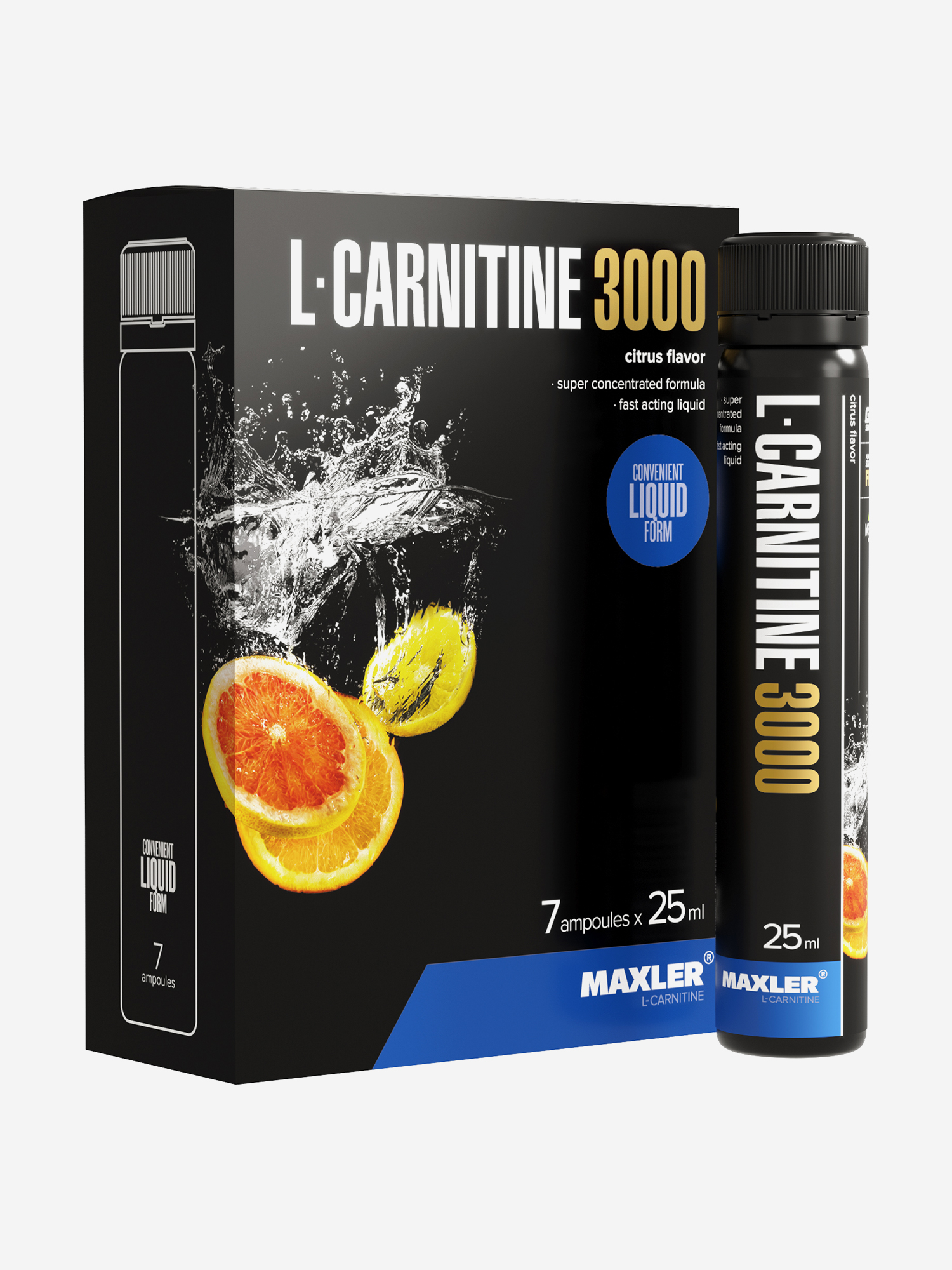 Изображение товара Л-карнитин жидкий Maxler, 3000 мг на порцию, 7 туб по 25 мл - Цитрус, Черный