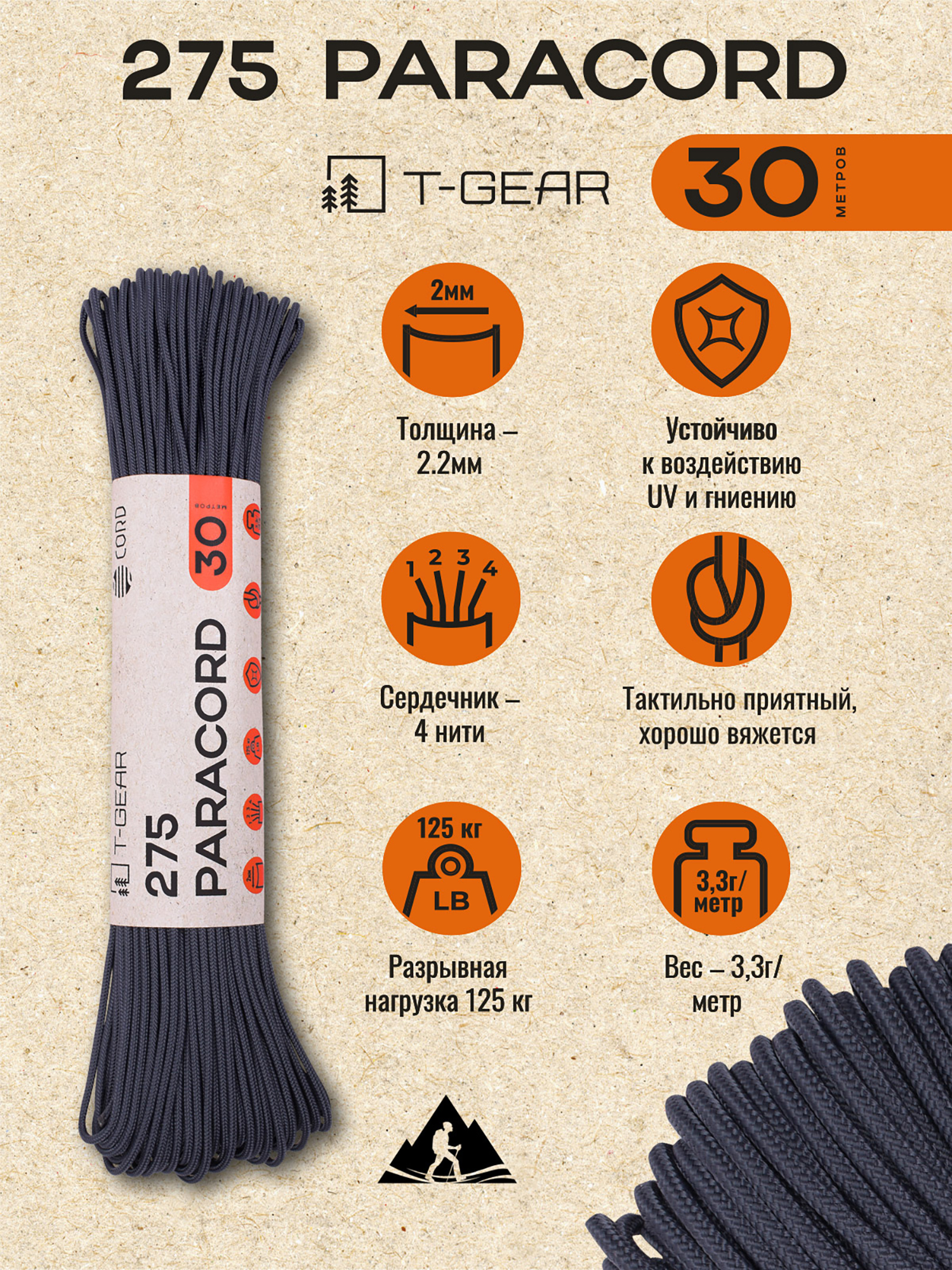 Изображение товара Паракорд T-Gear x CORD 275 Dark Navy 30 м — 100% нейлон, длина 3 м, 4 мм