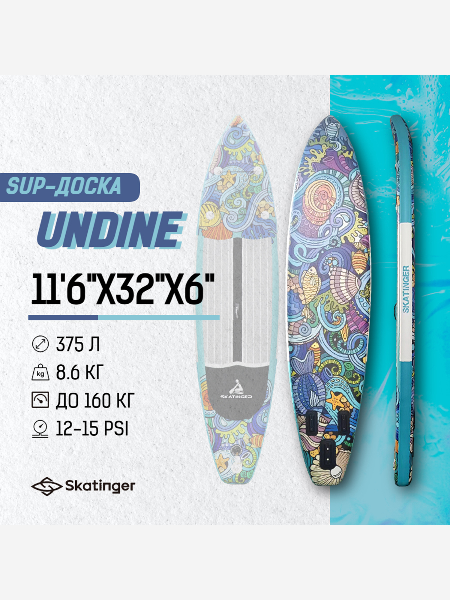 

Надувная SUP-доска SKATINGER UNDINE, 11'6"x32"x6" 350*81*15 см сапборд, Синий