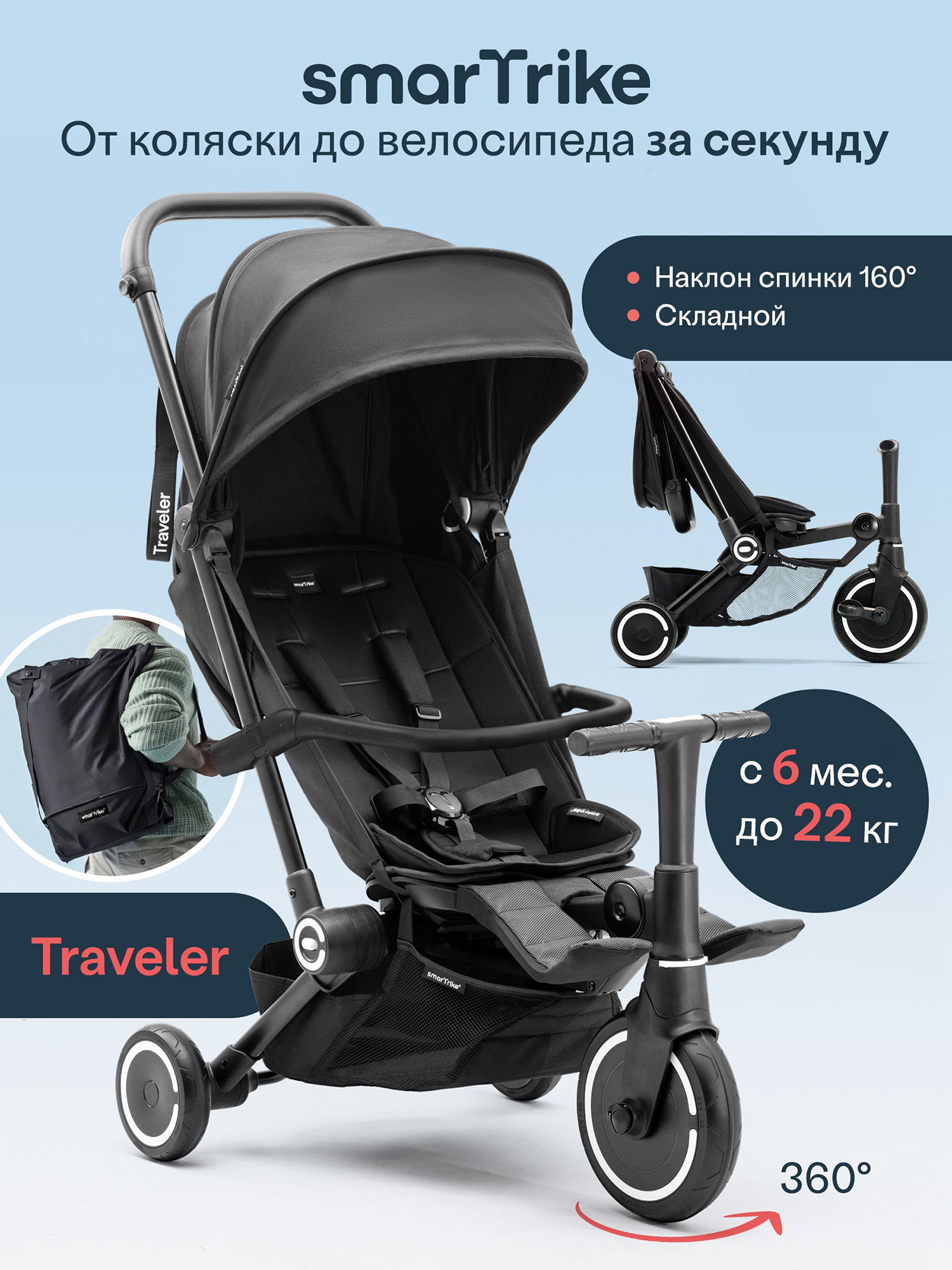 Изображение товара Детский трехколесный велосипед SmarTrike Traveler Onyx Black Черный с амортизацией