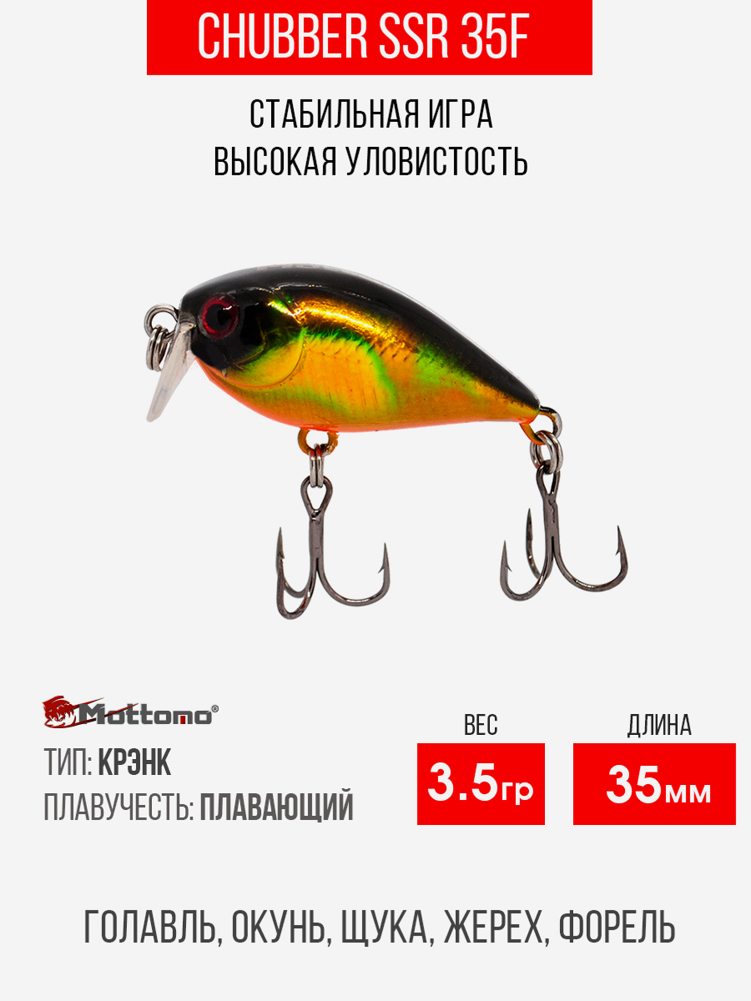 

Воблер Mottomo Chubber SSR 35F 3,5g Bronze Fuel, Мультицвет