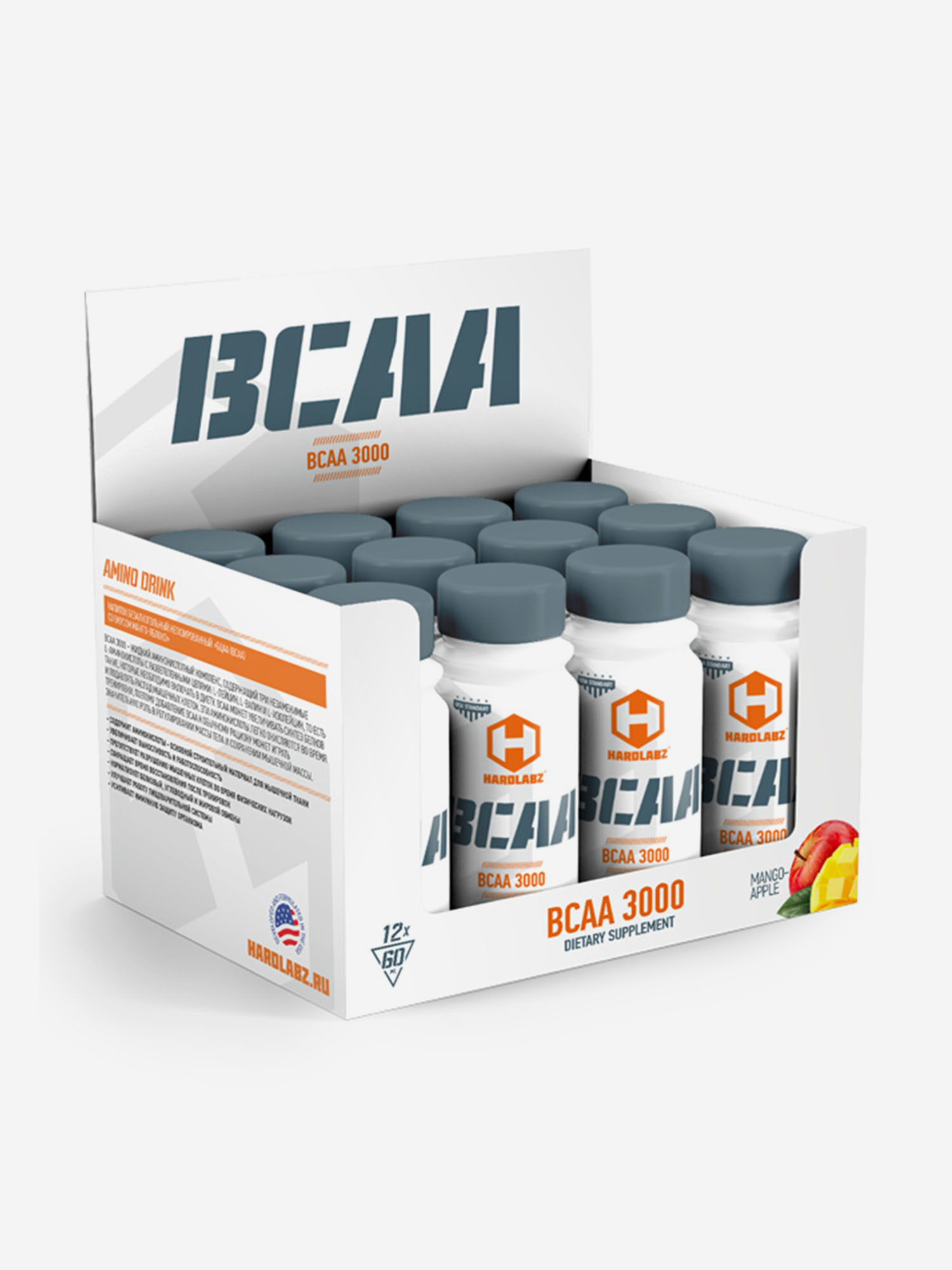   Спортмастер Аминокислоты BCAA 3000 HARDLABZ манго-яблоко, 60мл 12шт., шоты, Белый