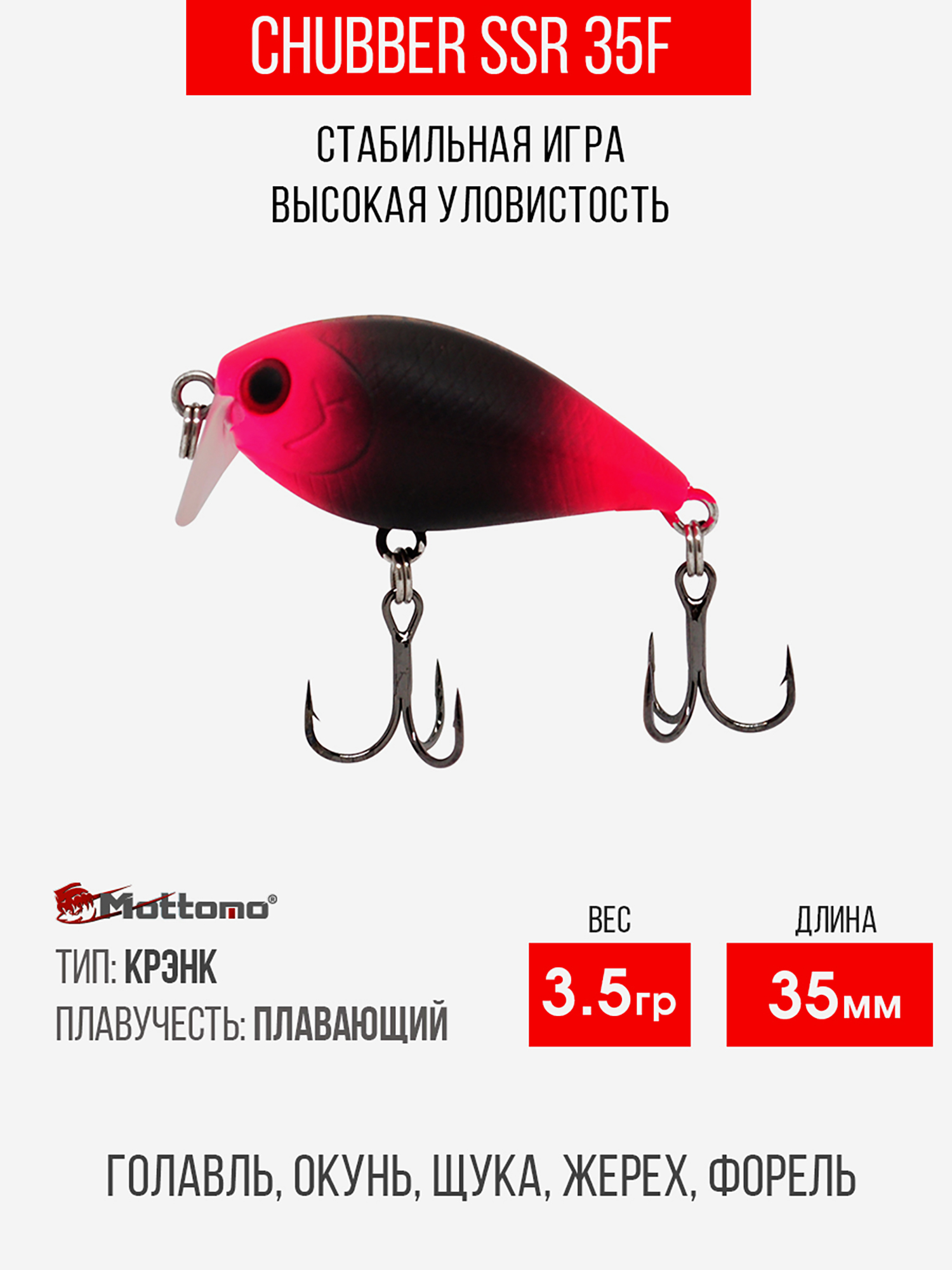 

Воблер Mottomo Chubber SSR 35F 3,5g Black Pink, Черный