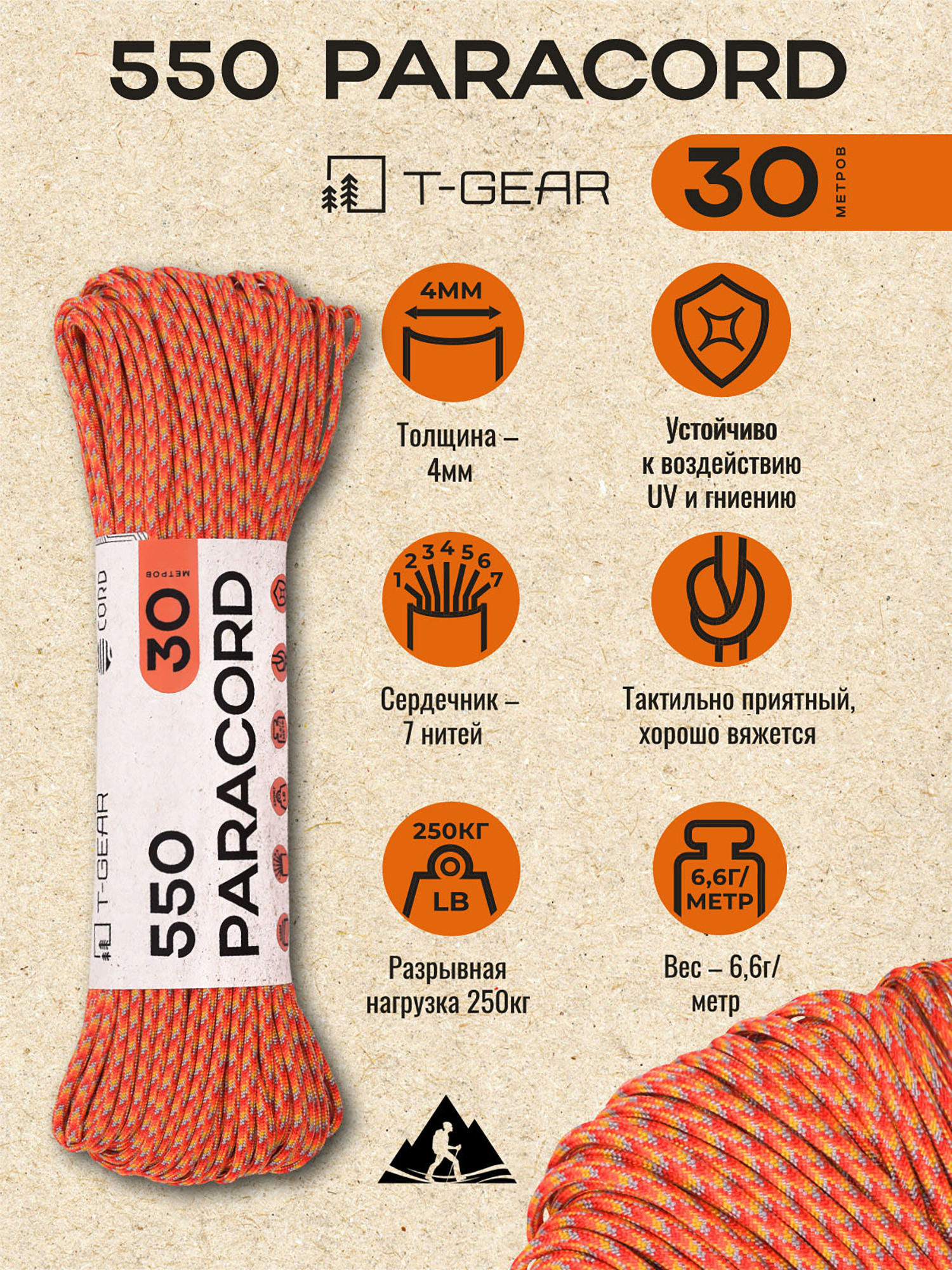 Изображение товара Паракорд 550 T-Gear x CORD nylon 30м (Orange Shades)