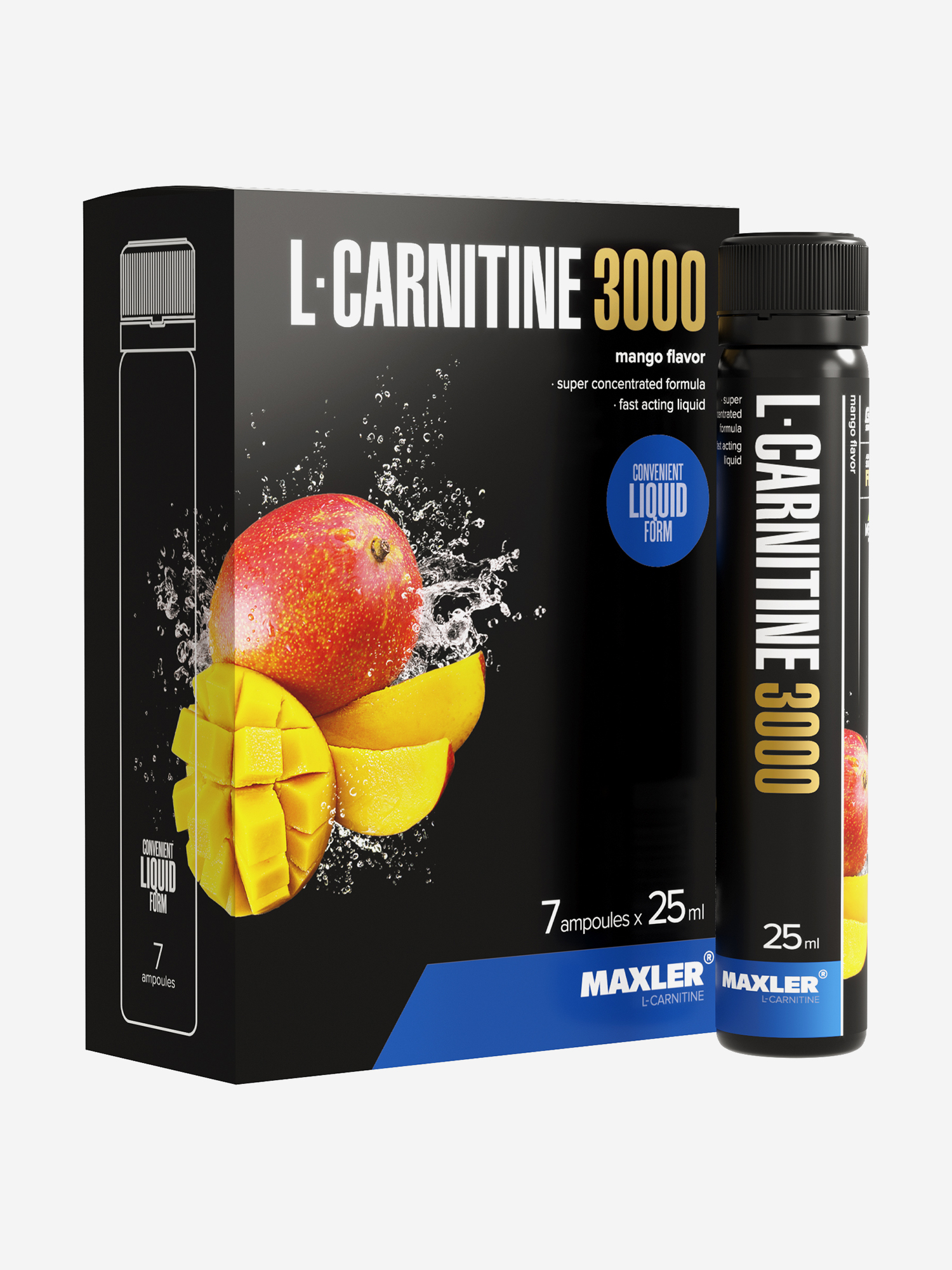 Изображение товара Л-карнитин жидкий Maxler, 3000 мг на порцию, 7 туб по 25 мл - Манго, Черный