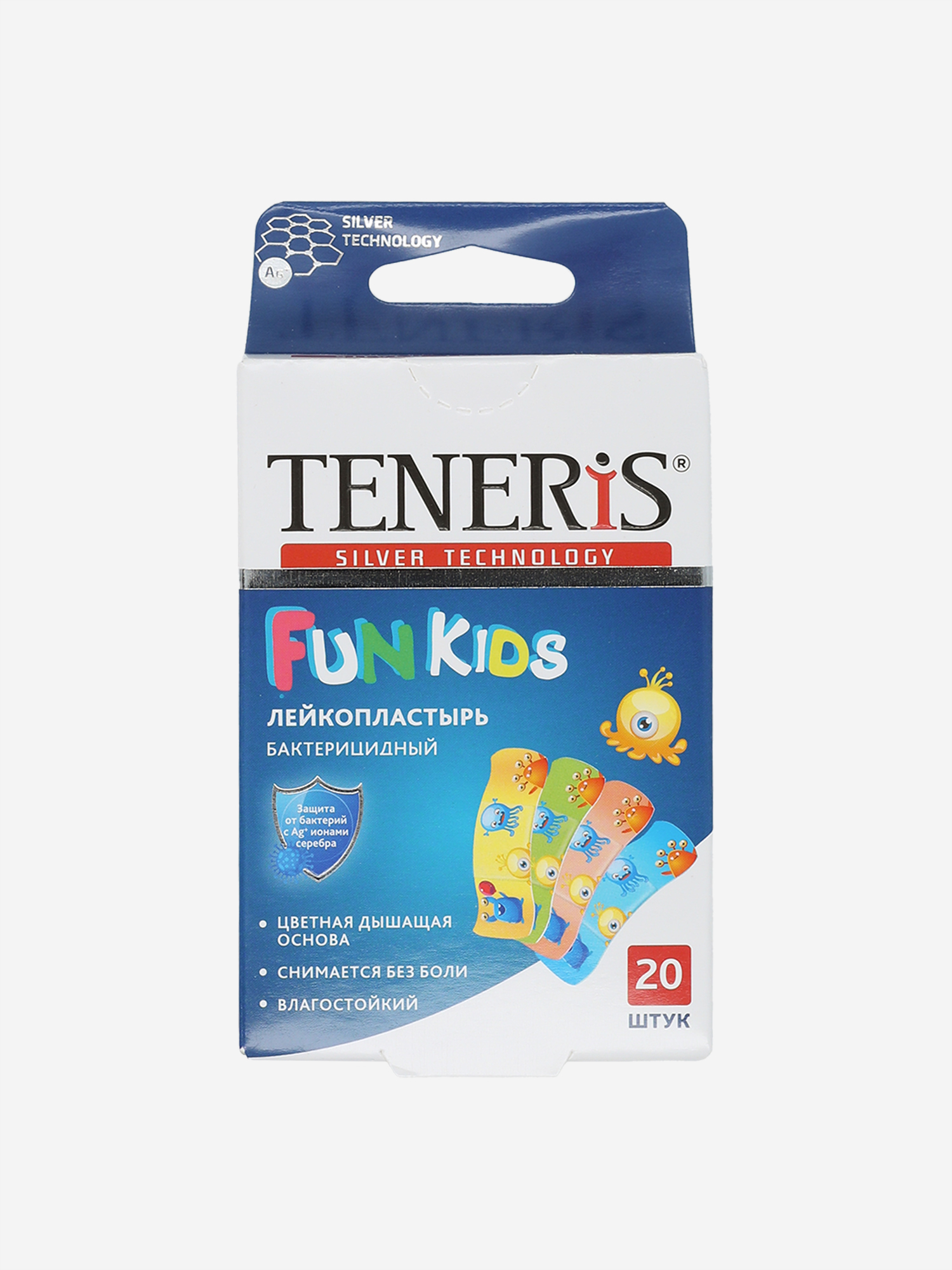 

Бактерицидный лейкопластырь TENERIS FUN KIDS с ионами серебра на полимерной основе с рисунками, 20 шт, Синий