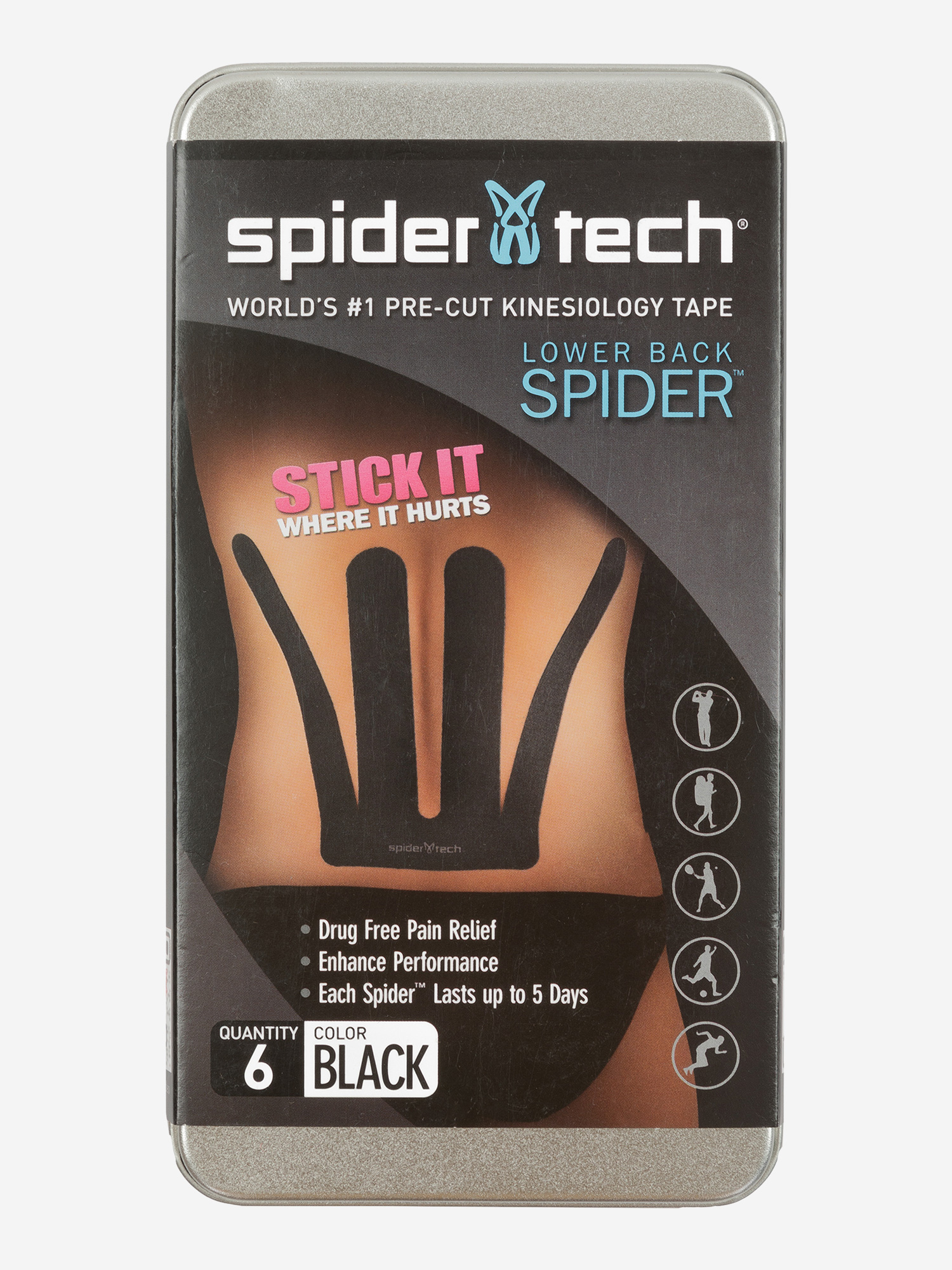 фото Тейп преднарезанный для нижней части спины spidertech, 6 шт., черный