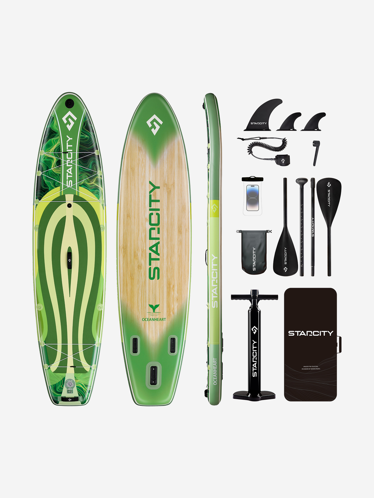 

Двухслойная надувная SUP-доска STARCITY OceanHeart GREEN, 11'6" 351*86*15 см, Сапборд, Зеленый