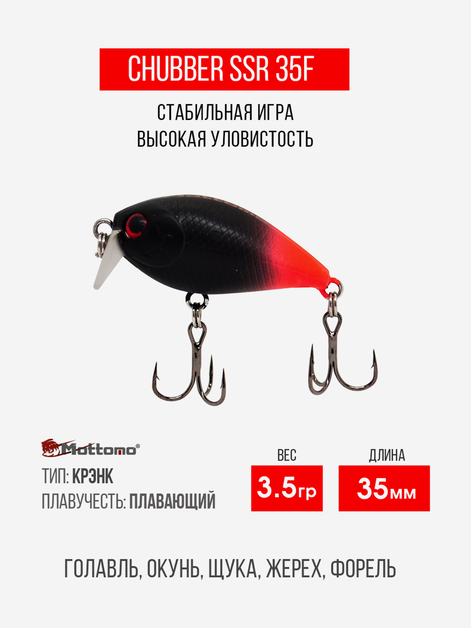

Воблер Mottomo Chubber SSR 35F 3,5g Black Orange, Черный