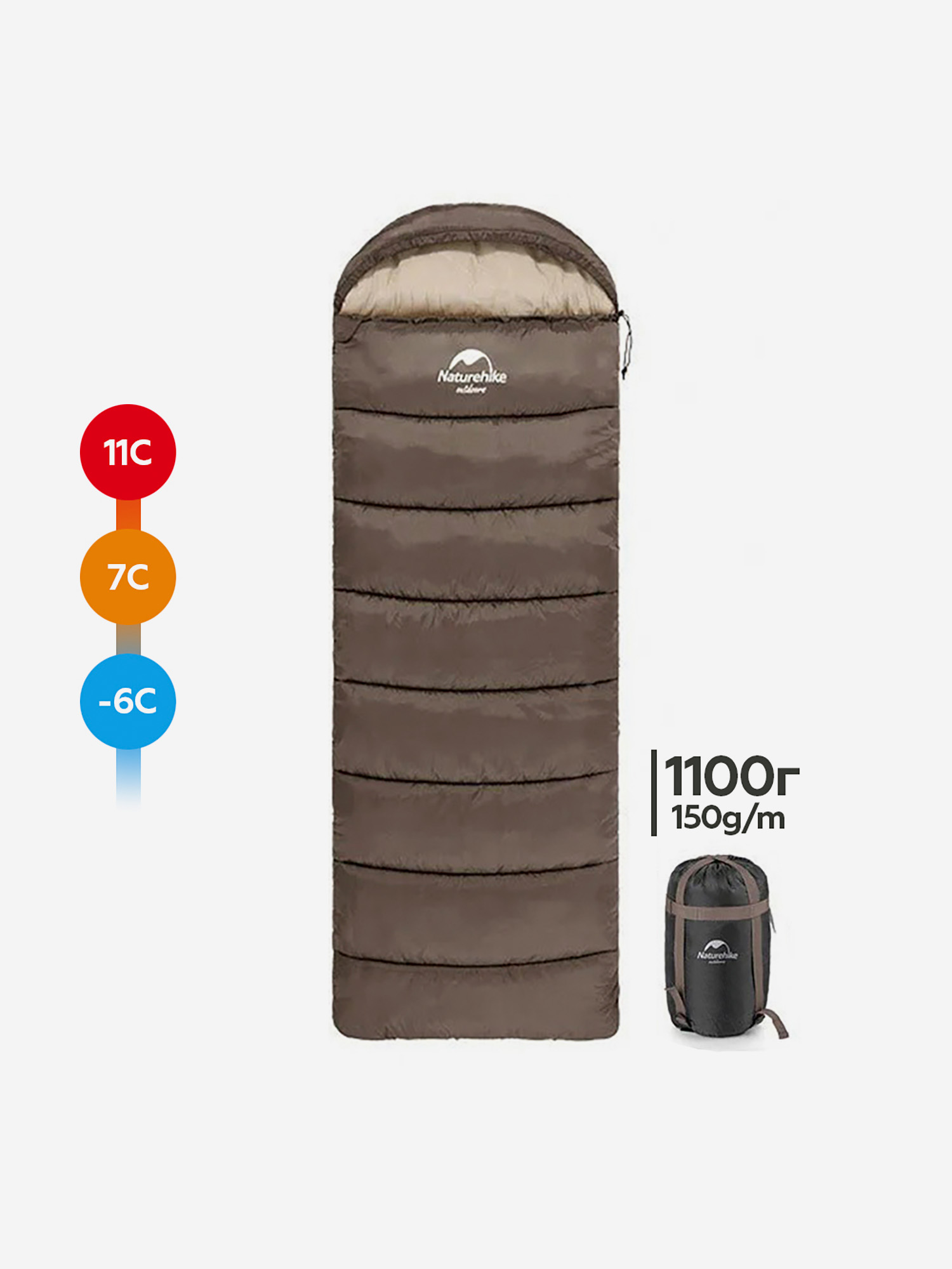 

Спальный мешок Naturehike U150, +7, коричневый, Коричневый