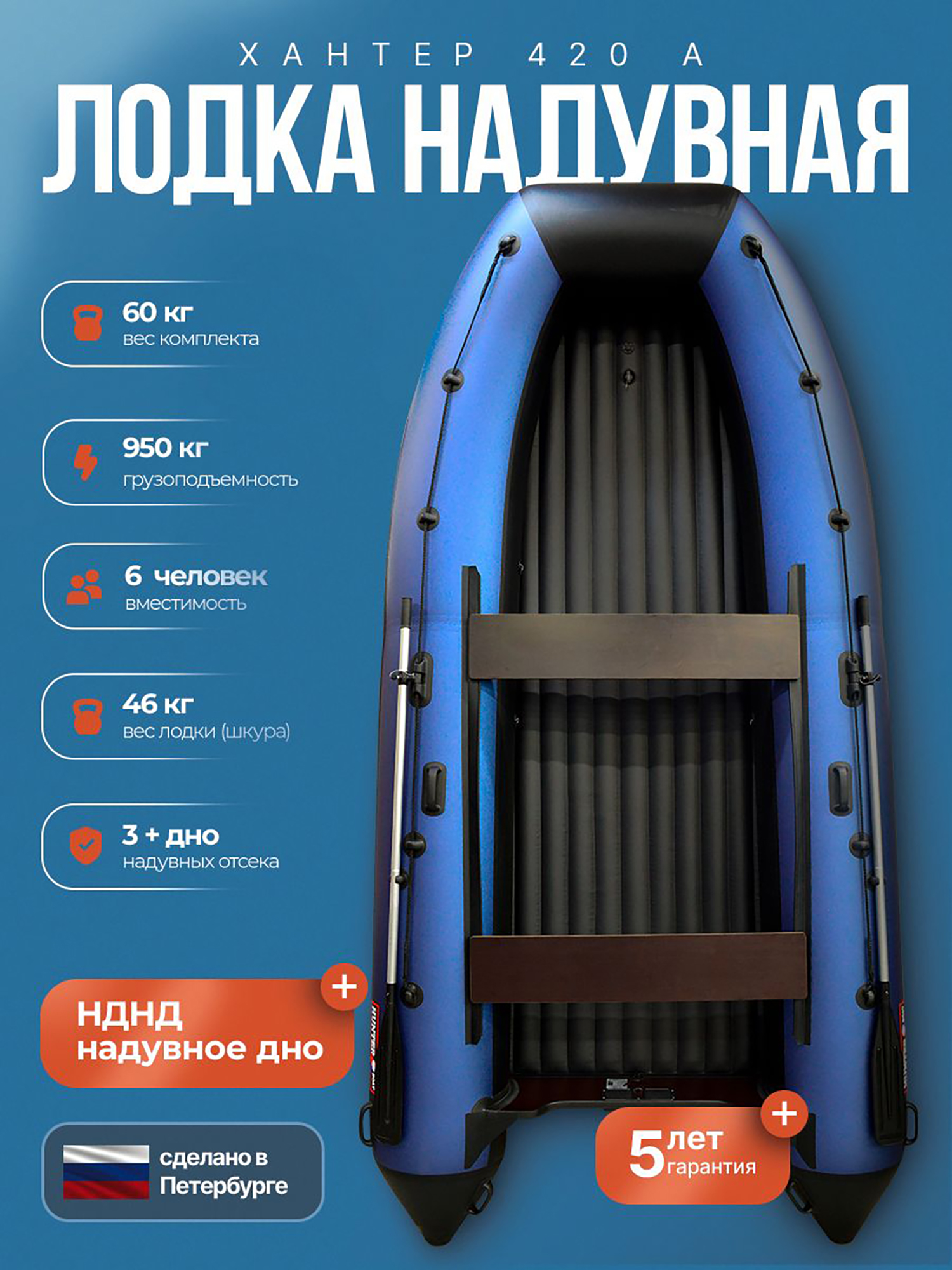 Изображение товара Лодка Хантер 420 А, син/чер - Лодка ПВХ надувная, Hunterboat, Черный/темно-синий