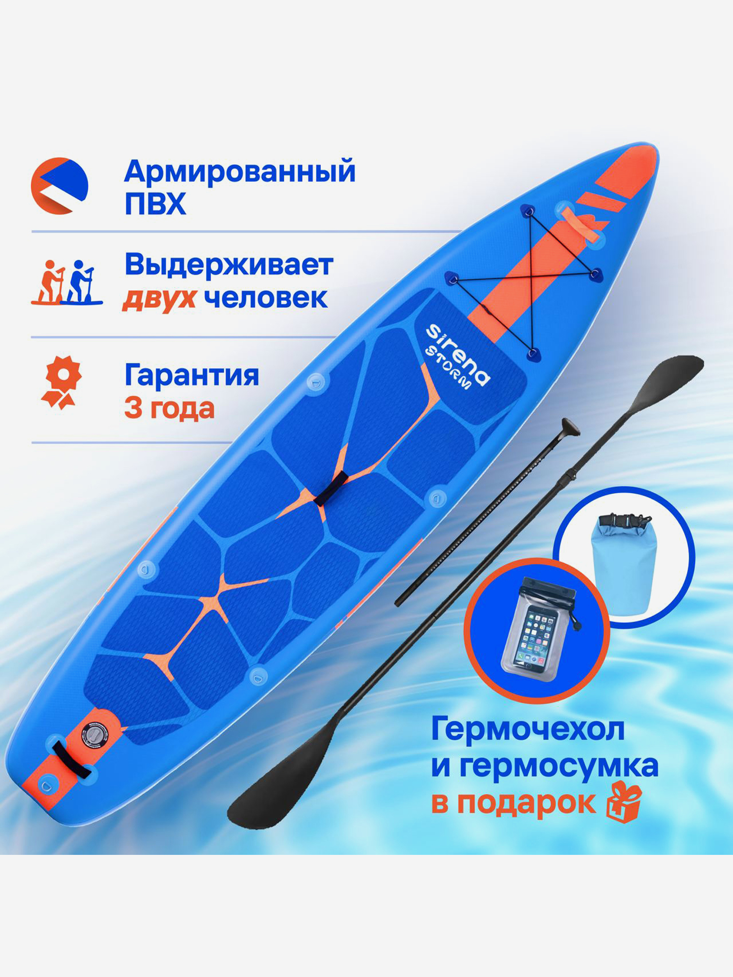 Изображение товара Надувная SUP-доска SIRENA STORM 10.6, 320*81*15см, двухслойная, с веслом-каяк, двухфазным насосом и страховочным лишем