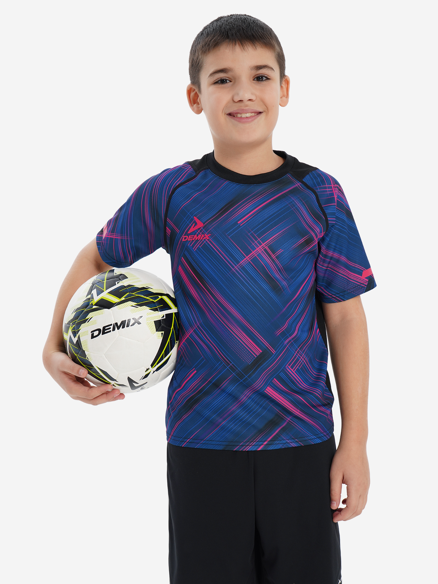 Изображение товара Детская футбольная футболка Demix Playmaker с логотипом, синяя/малиновая