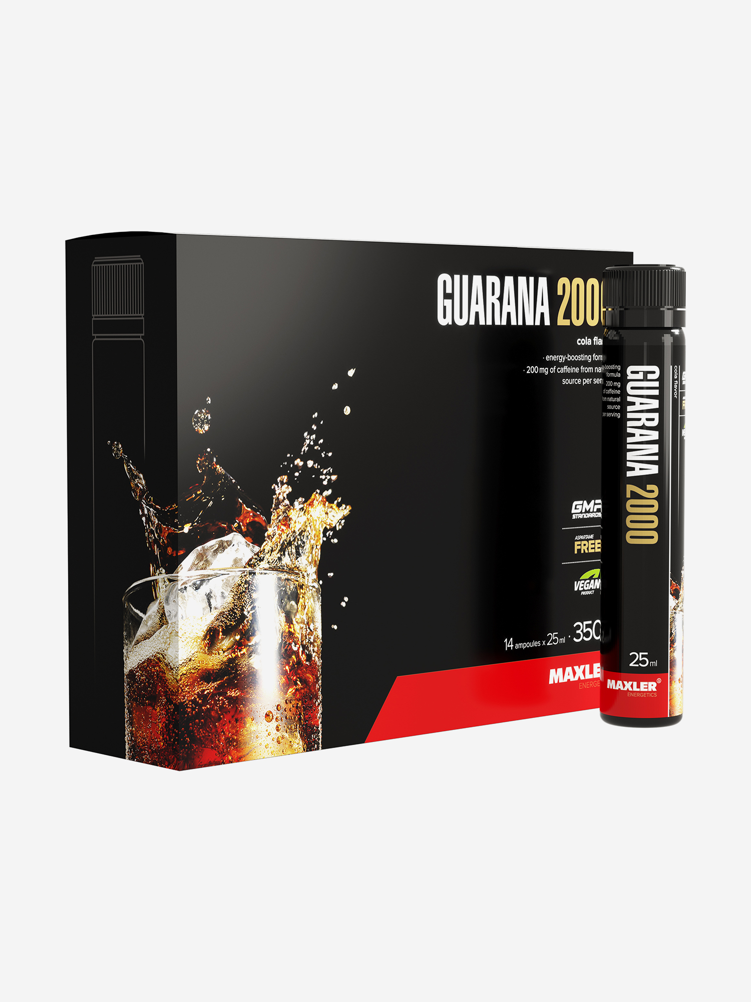 Изображение товара Энергетик гуарана с витамином С, В1, В6 и пантотеновой кислотой Maxler, 14 ампул по 25 мл - Кола, Черный