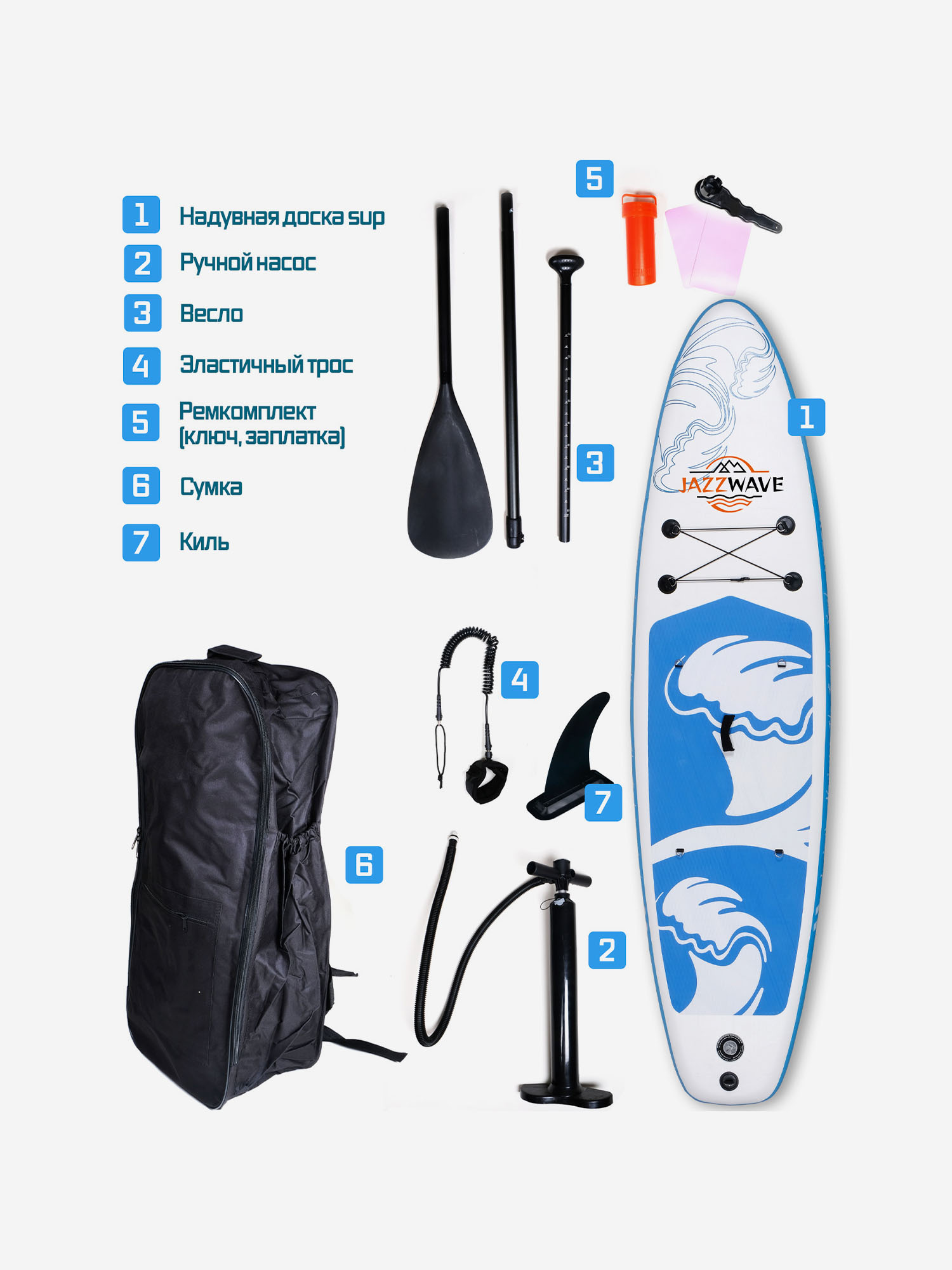 

SUP-N2L-доска JAZZWAVE 335х83х15см голубой+белый, Белый