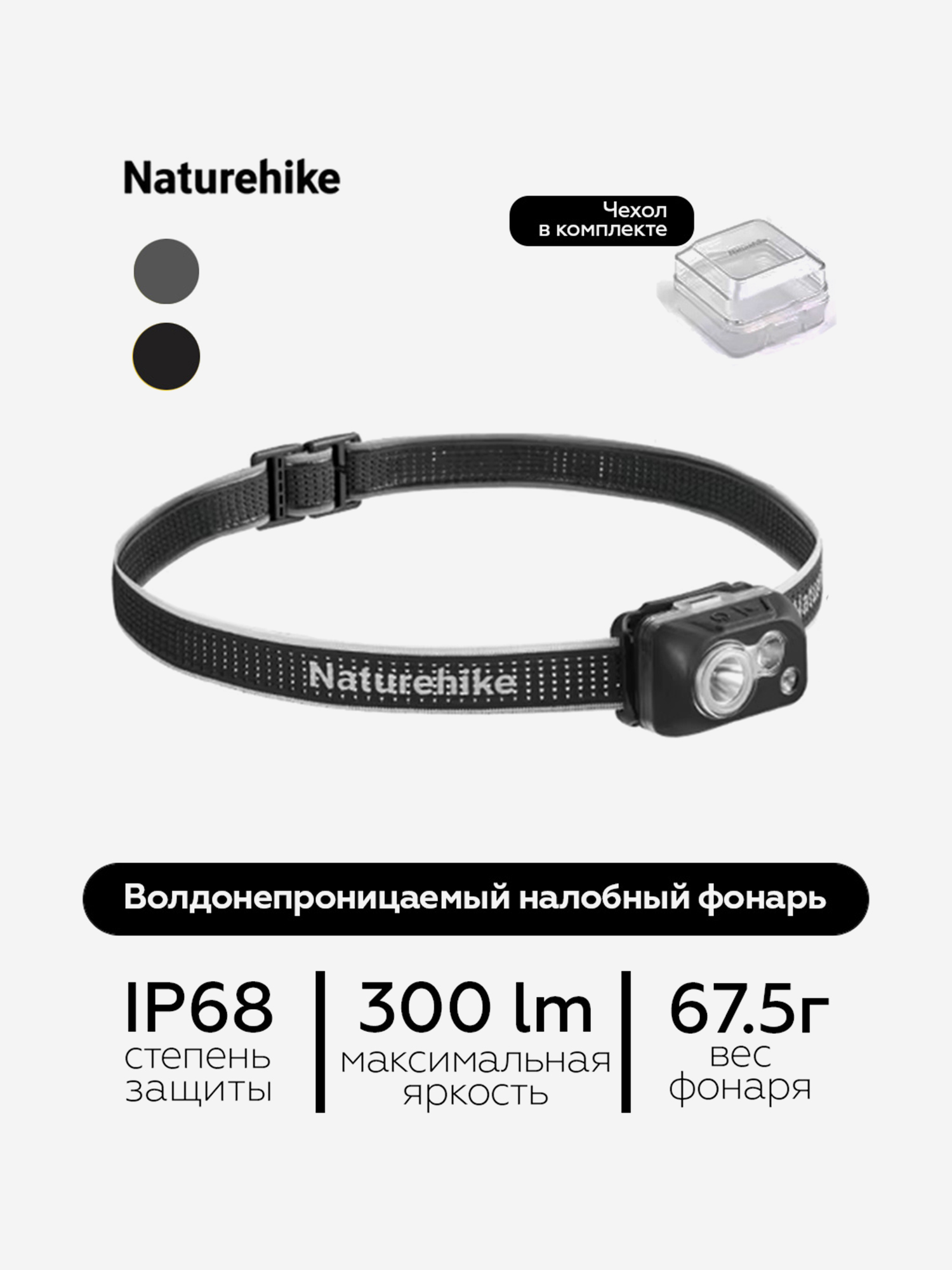 

Водонепроницаемый налобный фонарь Naturehike IP68, черный, Черный