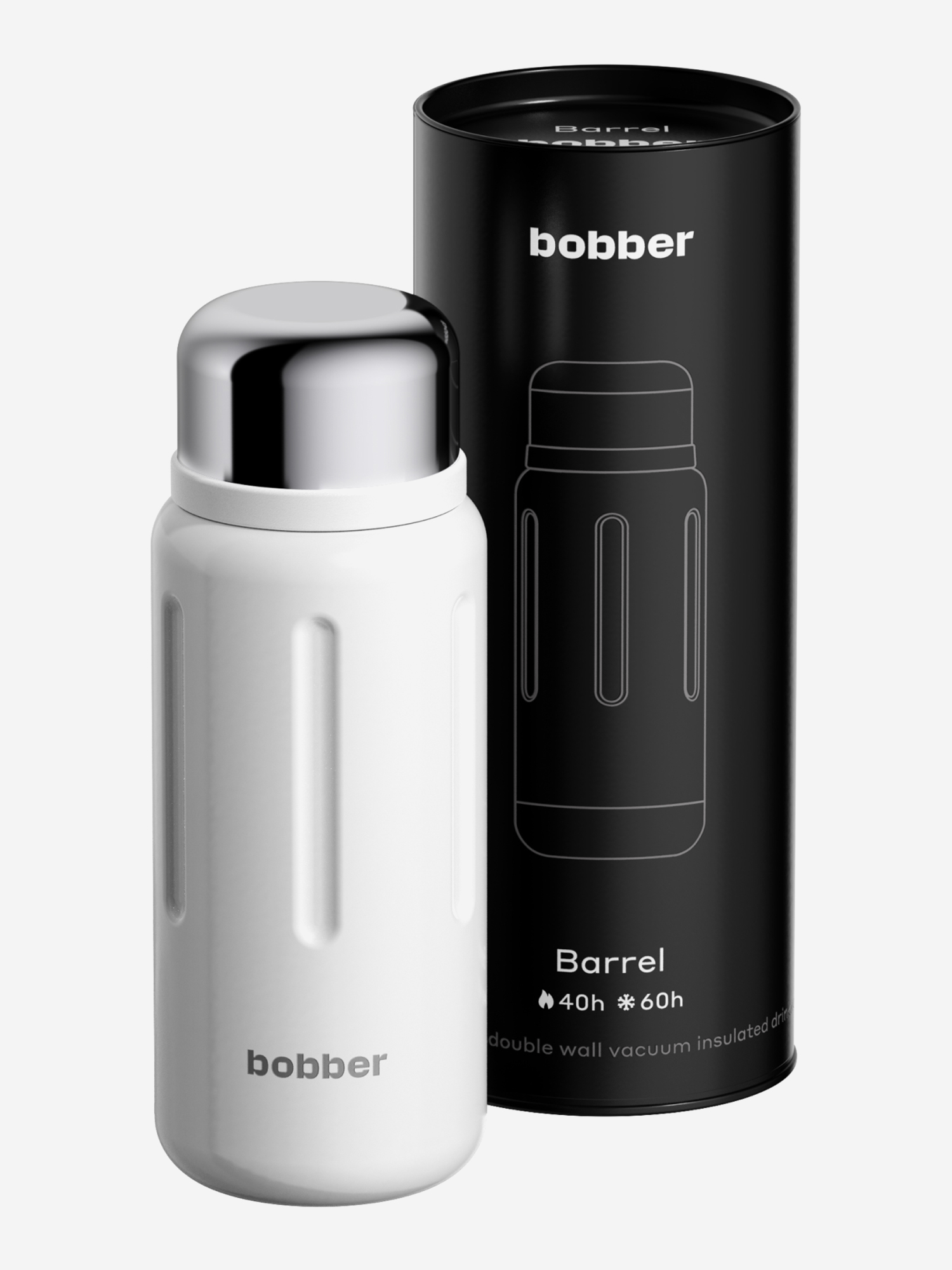 Изображение товара Термос вакуумный BOBBER Barrel 1 л с широким горлом и ситечком тепло до 40 часов белый, Белый