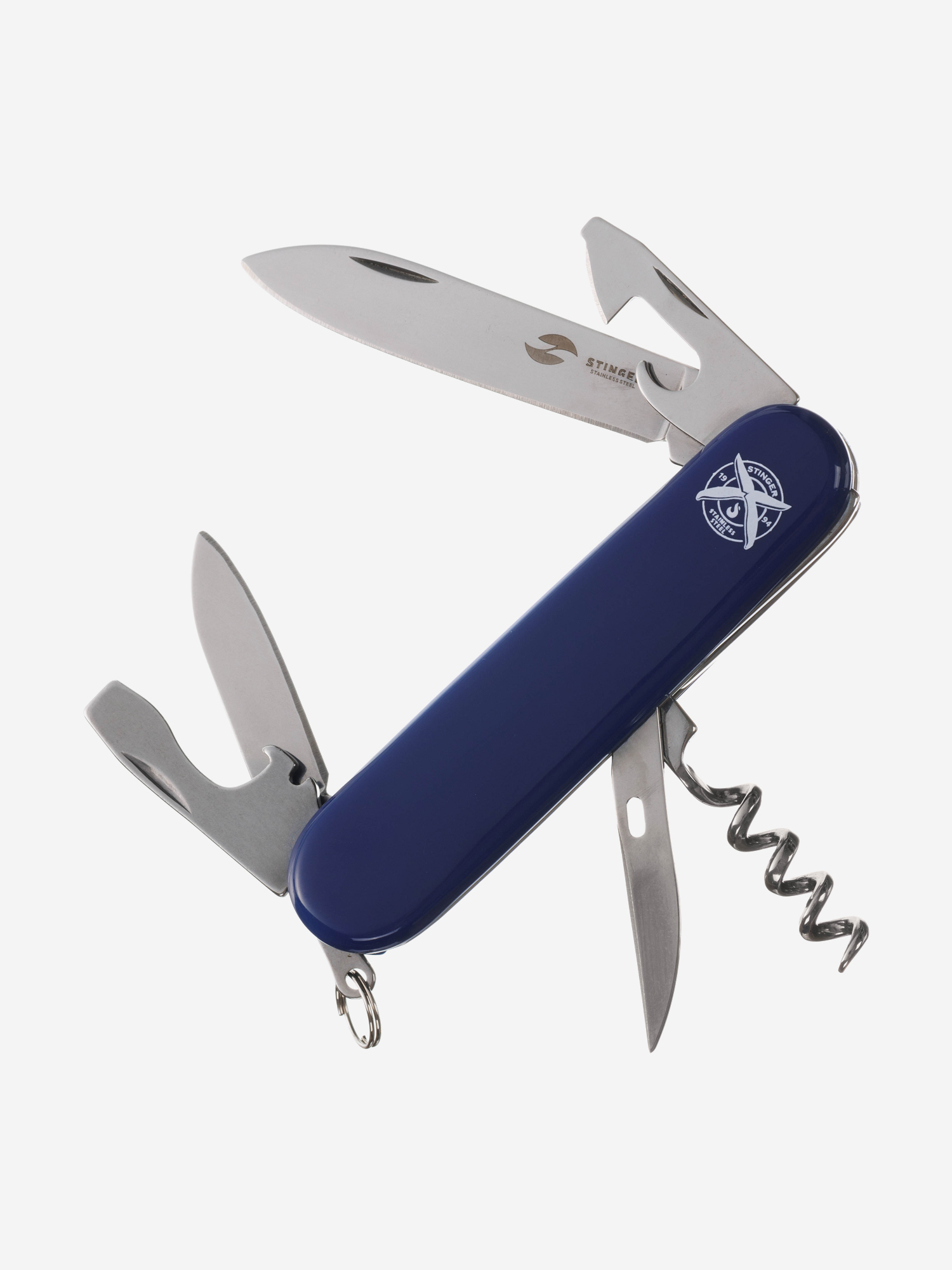 Нож перочинный Stinger, 90 мм, 11 функций, материал рукояти: АБС-пластик (синий), Синий гриф гантельный хромированный 45см r0243 рукоять пластик
