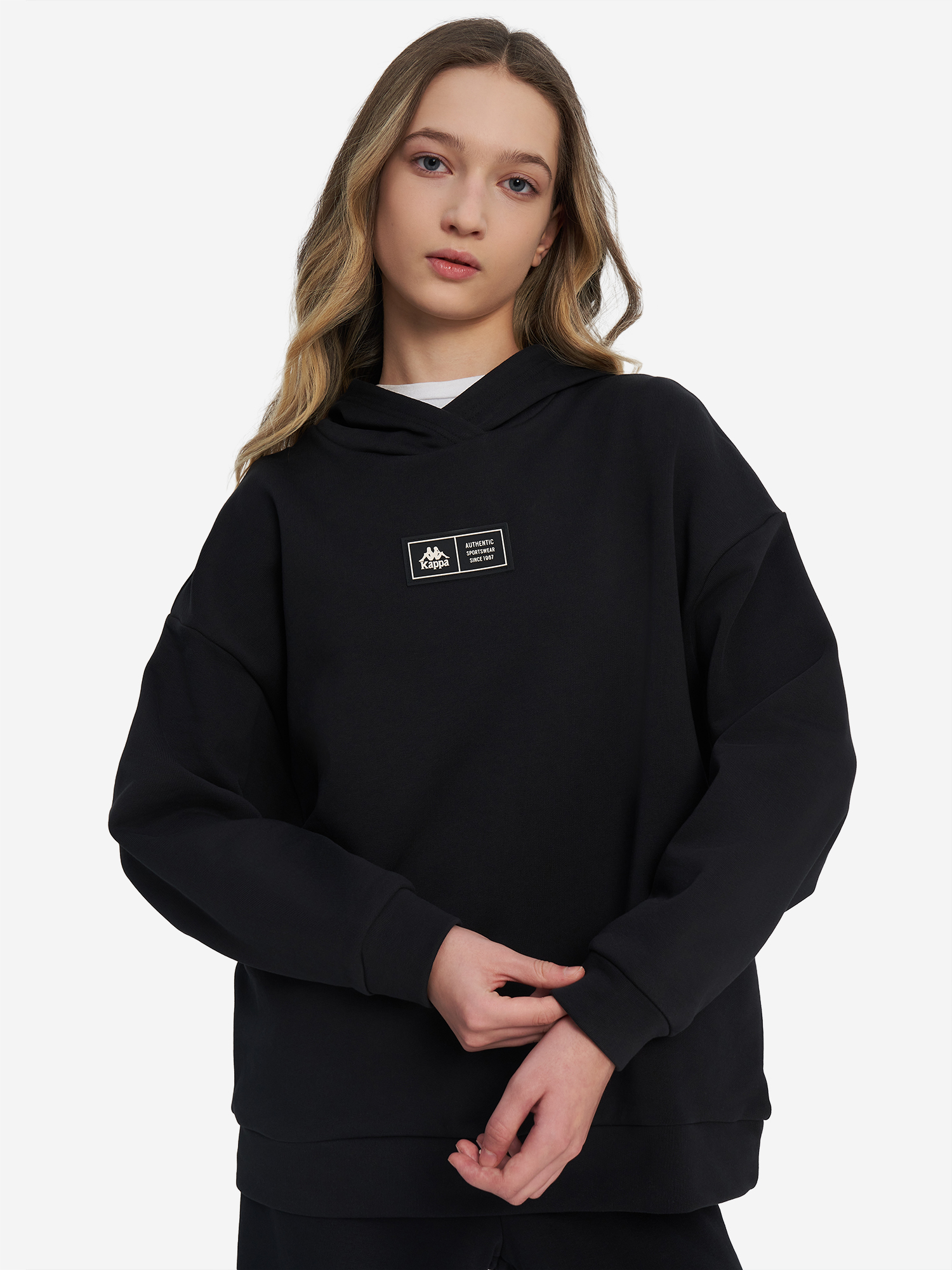 Изображение товара Худи для девочек оверсайз Kappa черное спортивное стиль комфорт