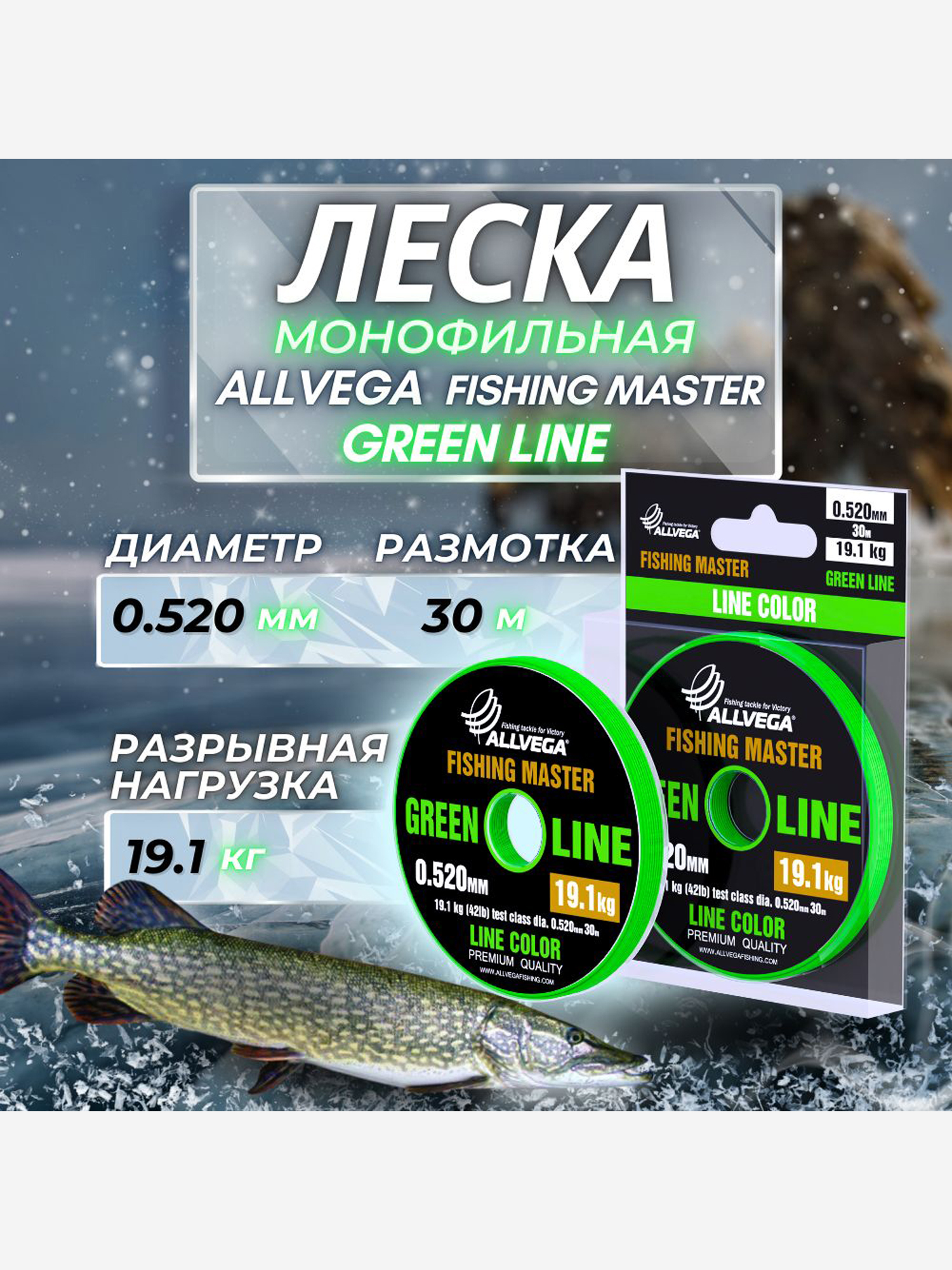 

Леска монофильная ALLVEGA "Fishing Master" 30м 0,520мм (19,1кг) зеленая, Зеленый