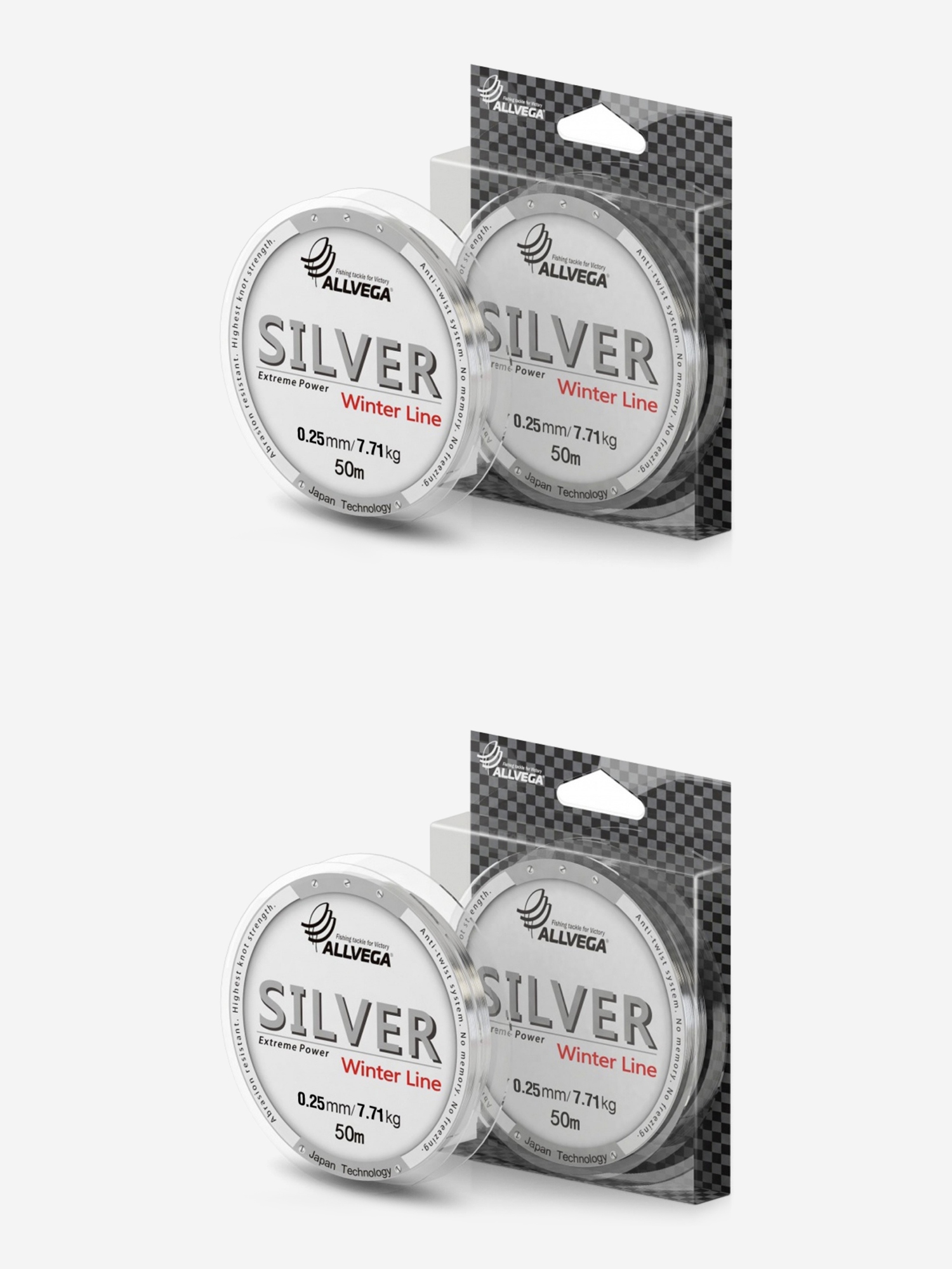 

Леска монофильная ALLVEGA "Silver" набор 2 штуки по 50м 0,25мм (7,71кг) серебристая, Серый