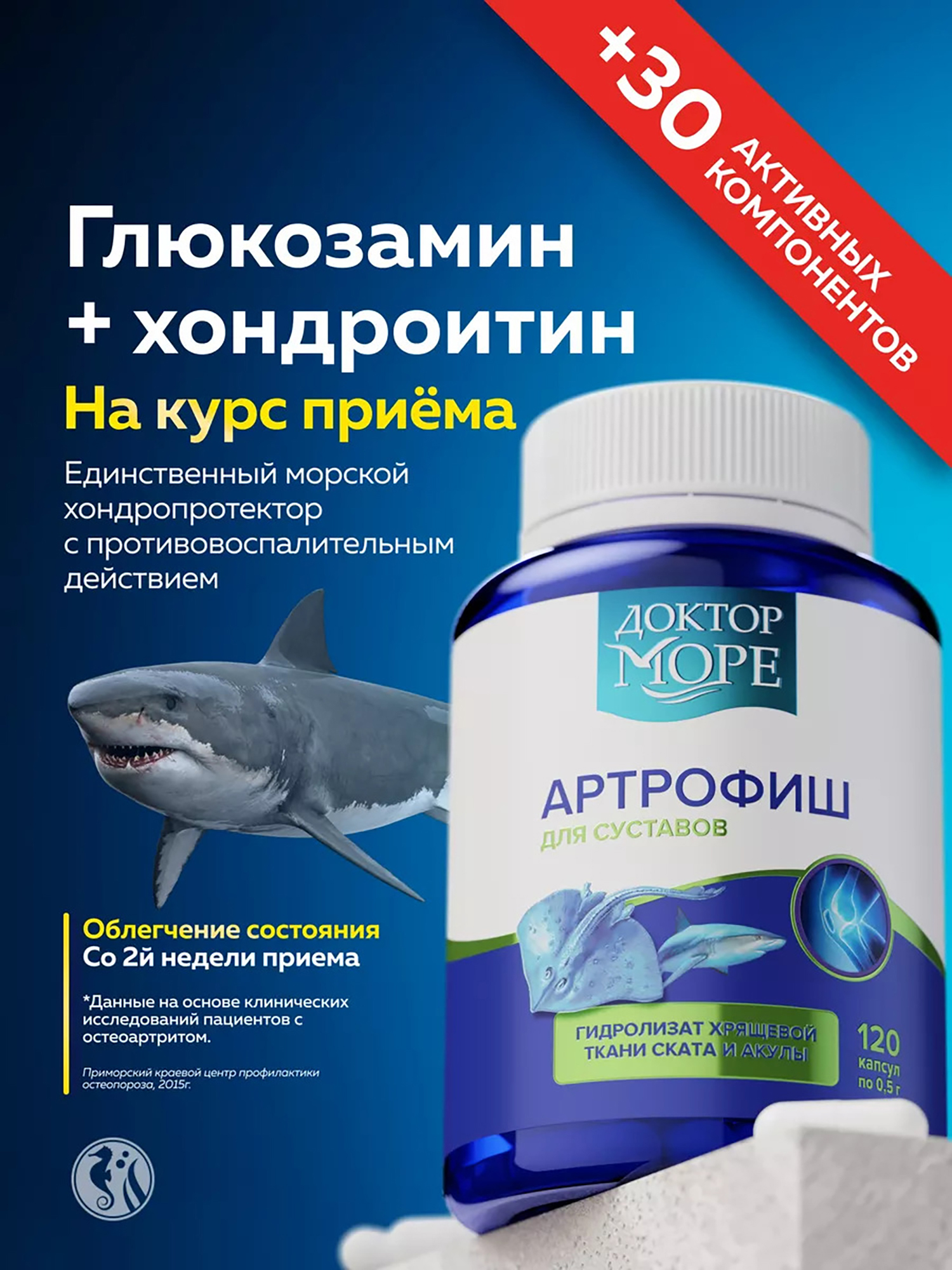 Изображение товара Артрофиш, хондропротектор для суставов и связок, морской коллаген 1 и 3 типа, глюкозамин, хондроитин, MSM, 120 капсул / Доктор Море Изображение товара Артрофиш, хондропротектор для суставов и связок, морской коллаген 1 и 3 типа, глюкозамин, хондроитин, MSM, 120 капсул / Доктор Море