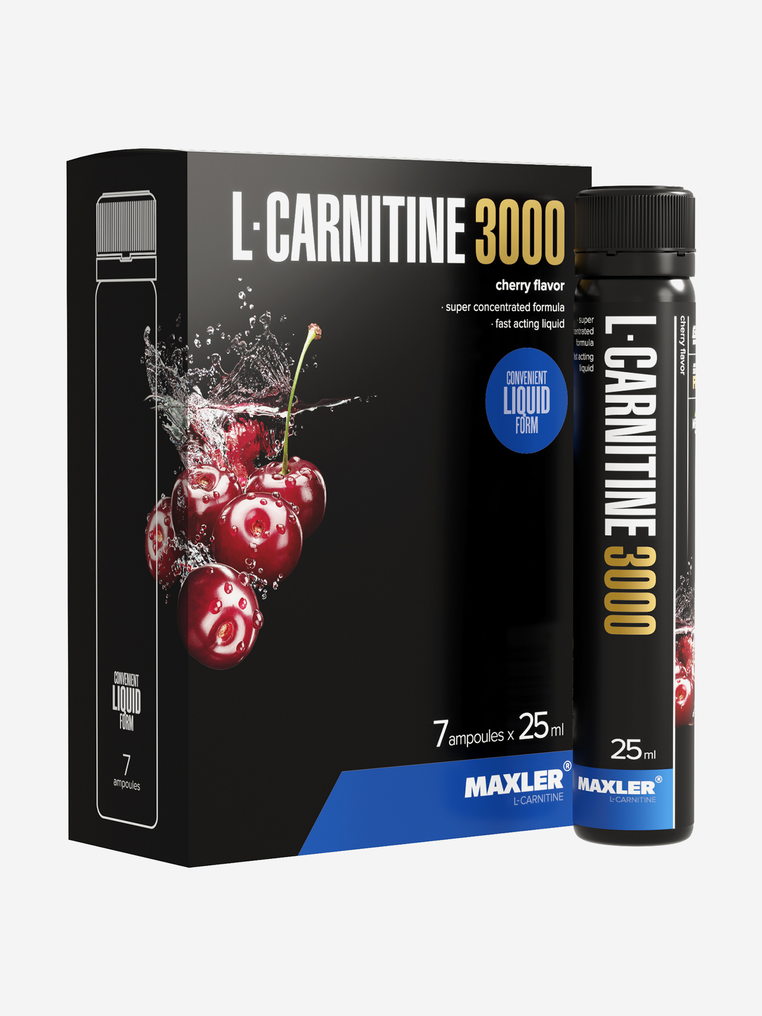 Изображение товара Л-карнитин жидкий Maxler, 3000 мг на порцию, 7 туб по 25 мл - Вишня, Черный