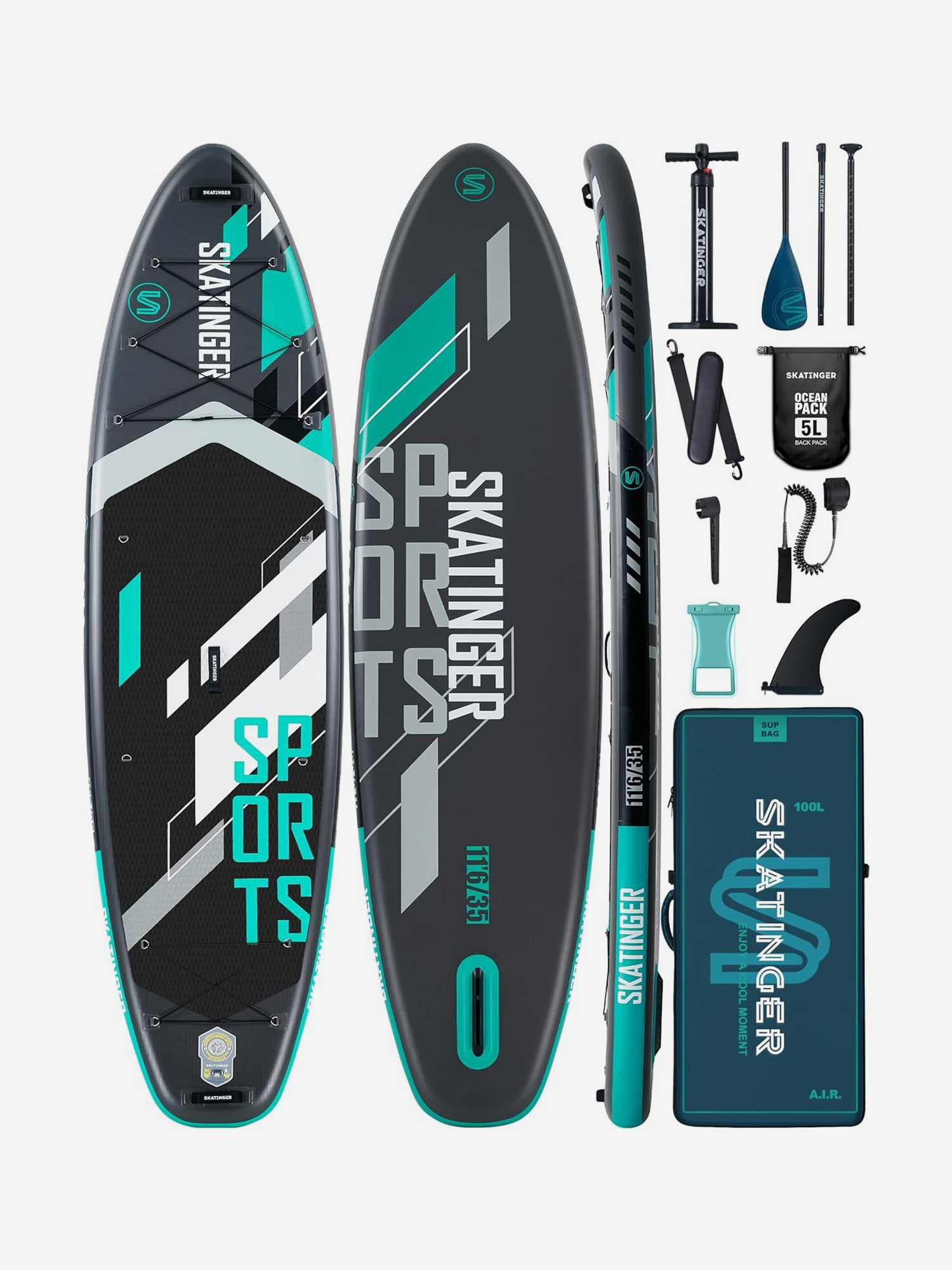 

Надувной двухслойный SUP-борд SKATINGER SPORTS, 11'6"x35"x6" 350*88*15 см, сапборд, Серый