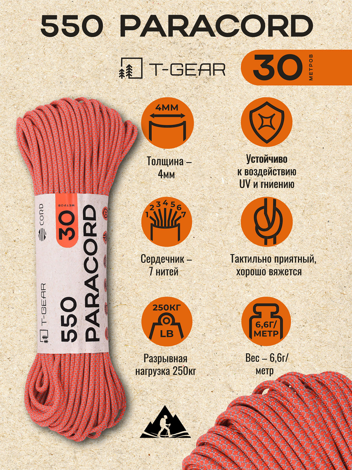 Изображение товара Паракорд 550 T-Gear x CORD nylon 30м (Orange Grey Snake)