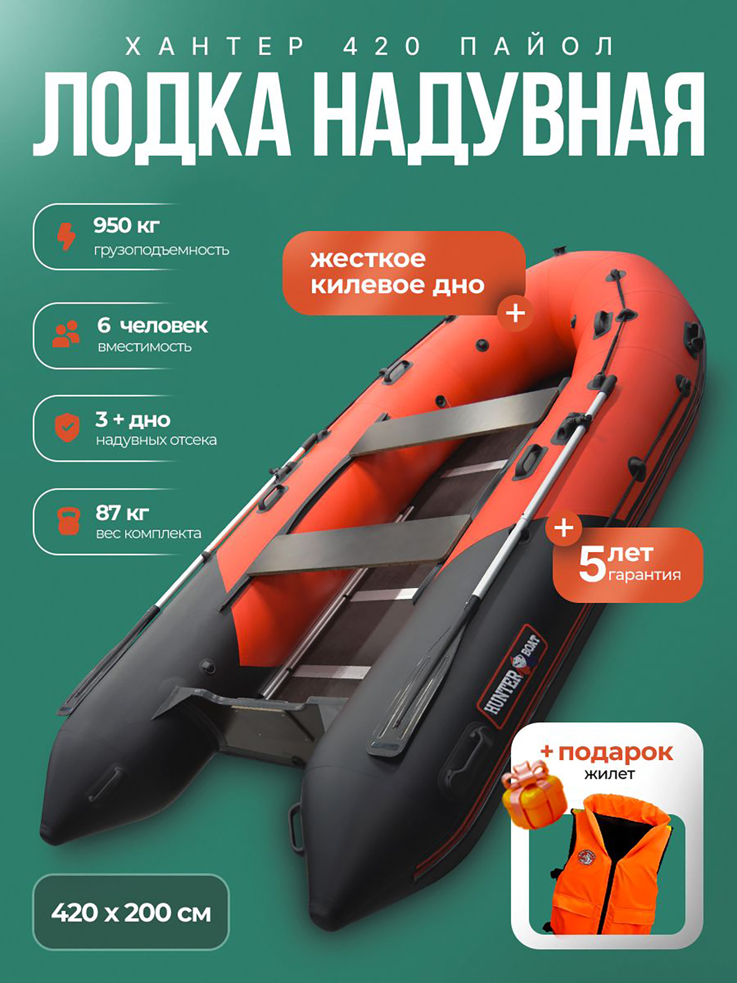 Изображение товара Лодка пвх под мотор Хантер 420 - красно-черный + жилет, Красный;коричнево-красный