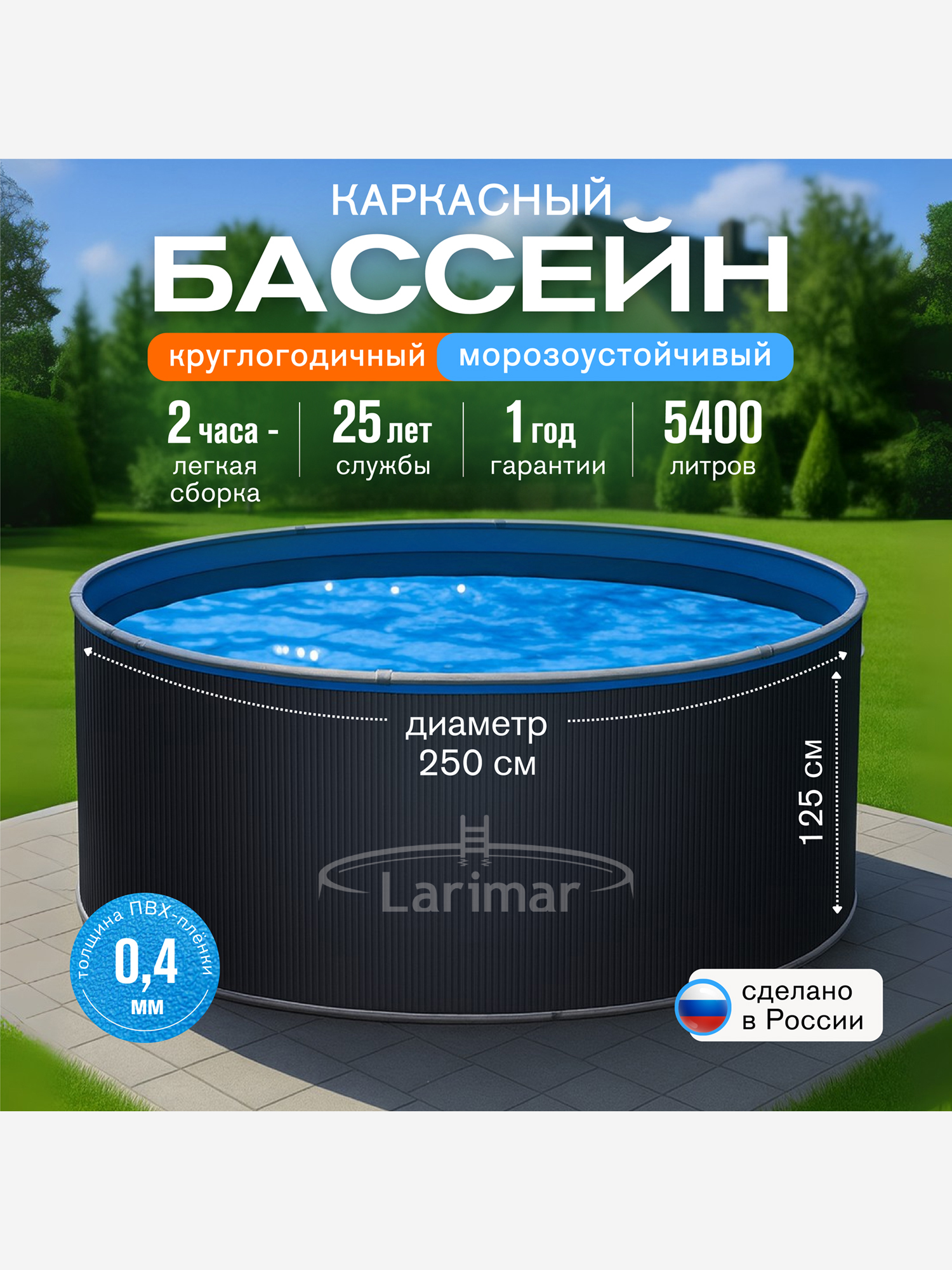 Изображение товара Круглый бассейн LARIMAR 250х125 см, серый RAL 7024