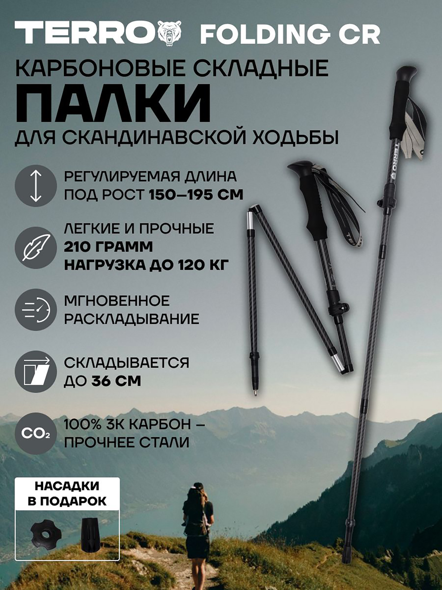 Изображение товара Палки для скандинавской ходьбы TERRO - карбоновые складные, Черный