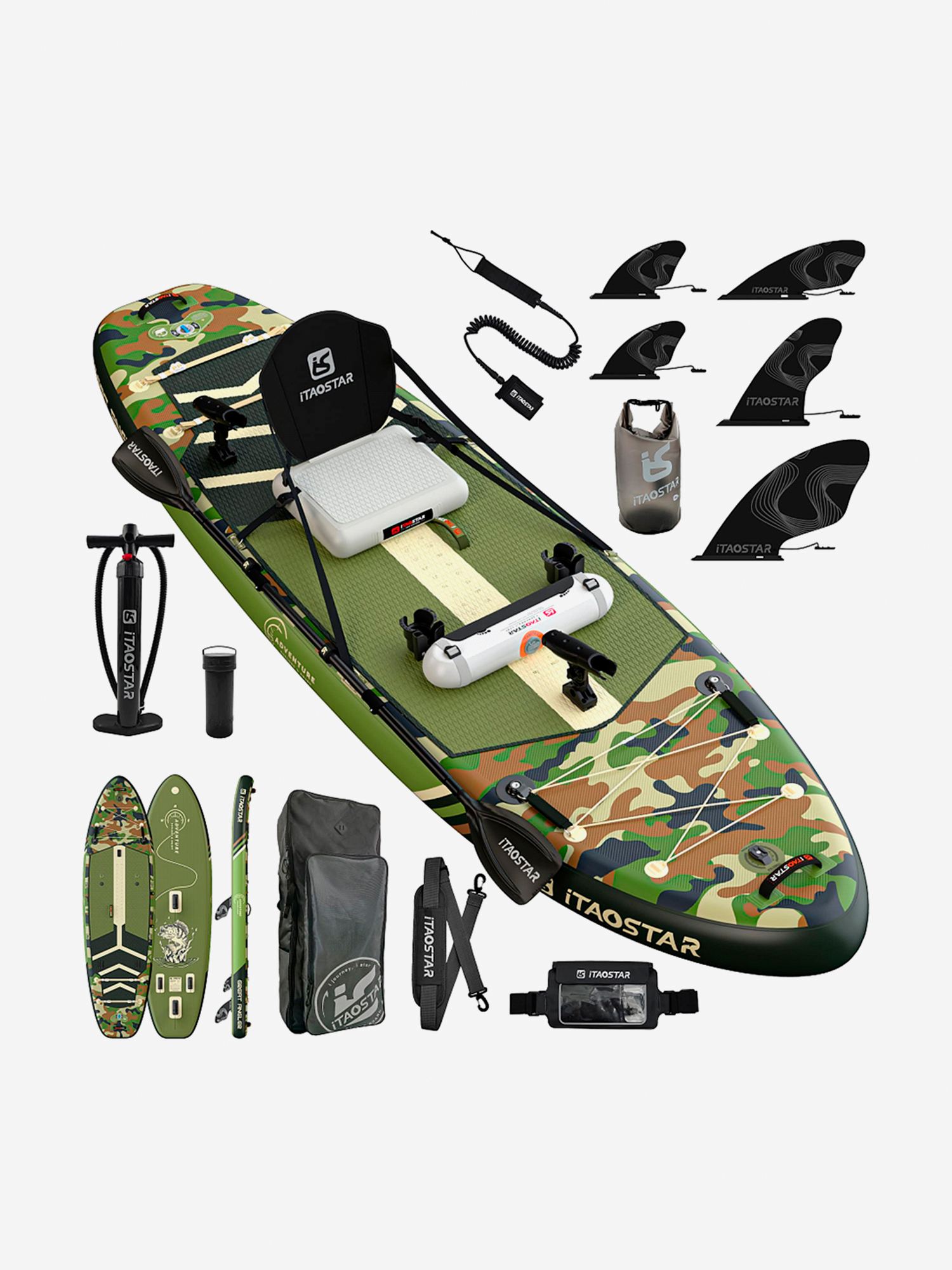 Изображение товара Надувной сапборд для рыбалки iTAOSTAR Adventure 12x39x8 с насосом и веслом 366 см
