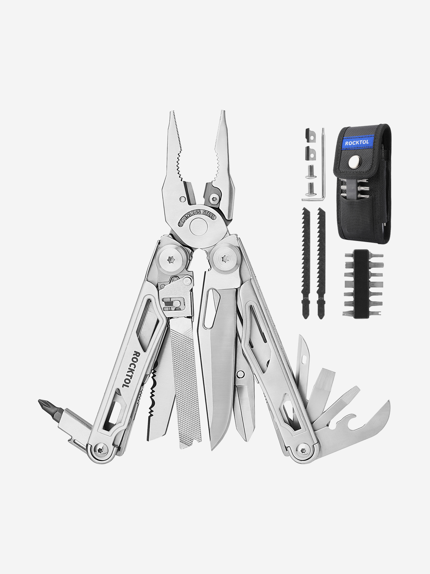 

Мультиинструмент складной Rocktol, 29 функций, нейлоновый чехол, Серебряный