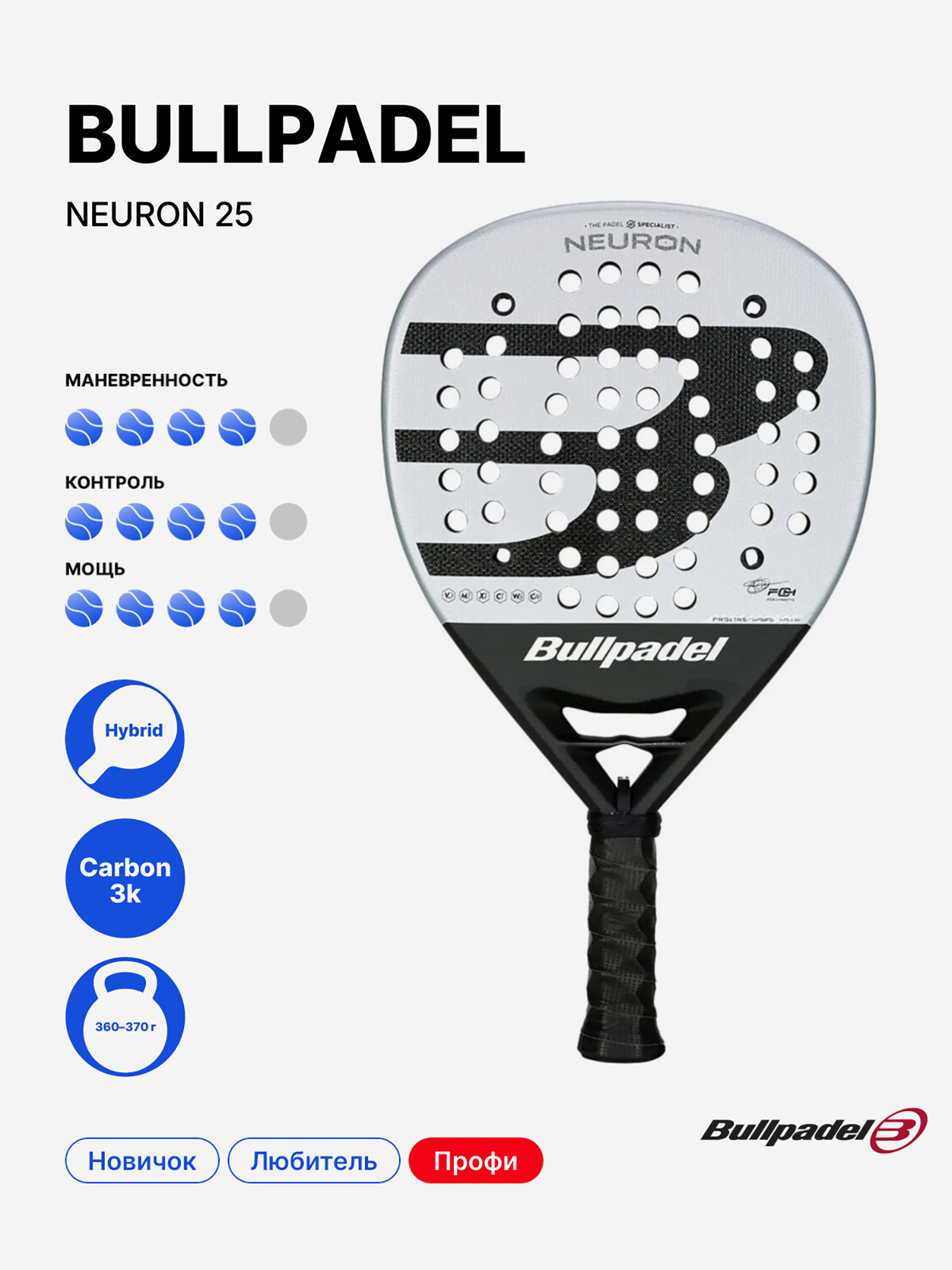 Изображение товара Ракетка для падела Bullpadel Neuron 25 Pro Line - универсальная модель Изображение товара Ракетка для падела Bullpadel Neuron 25 Pro Line - универсальная модель