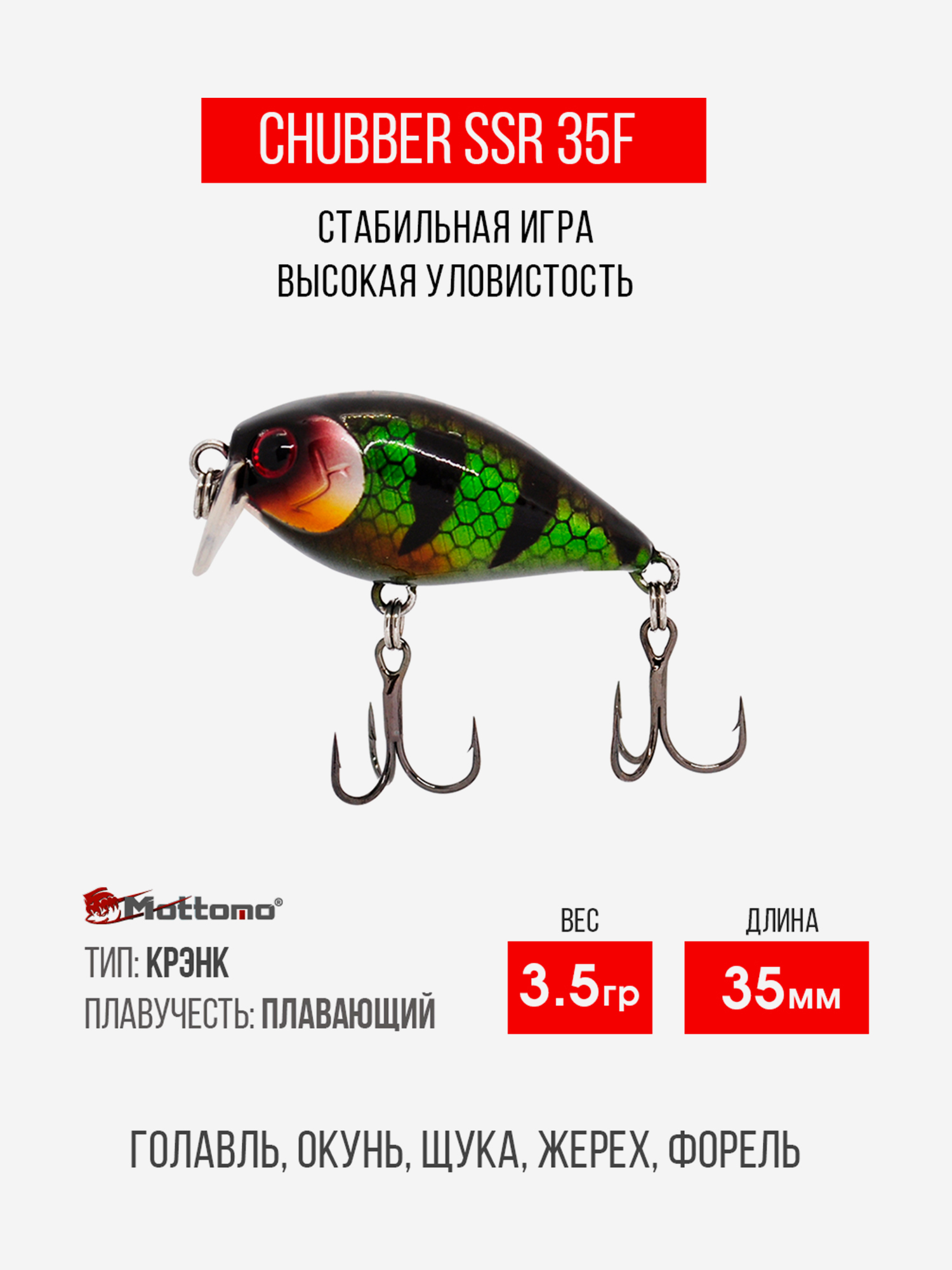 

Воблер Mottomo Chubber SSR 35F 3,5g Dark Perch, Зеленый