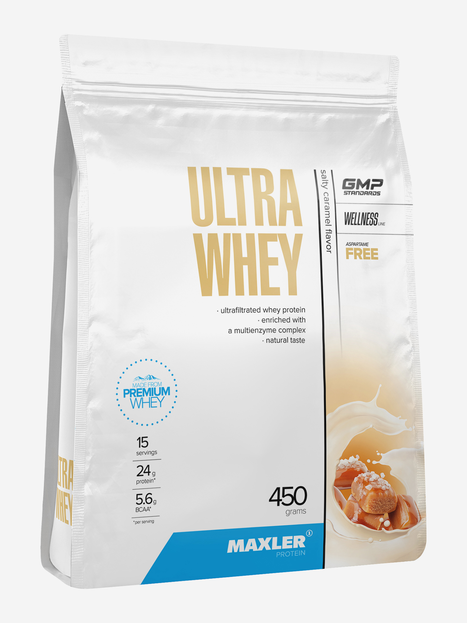 Изображение товара Протеин сывороточный для мужчин и женщин Maxler, порошок, 450 г - Соленая карамель, Белый