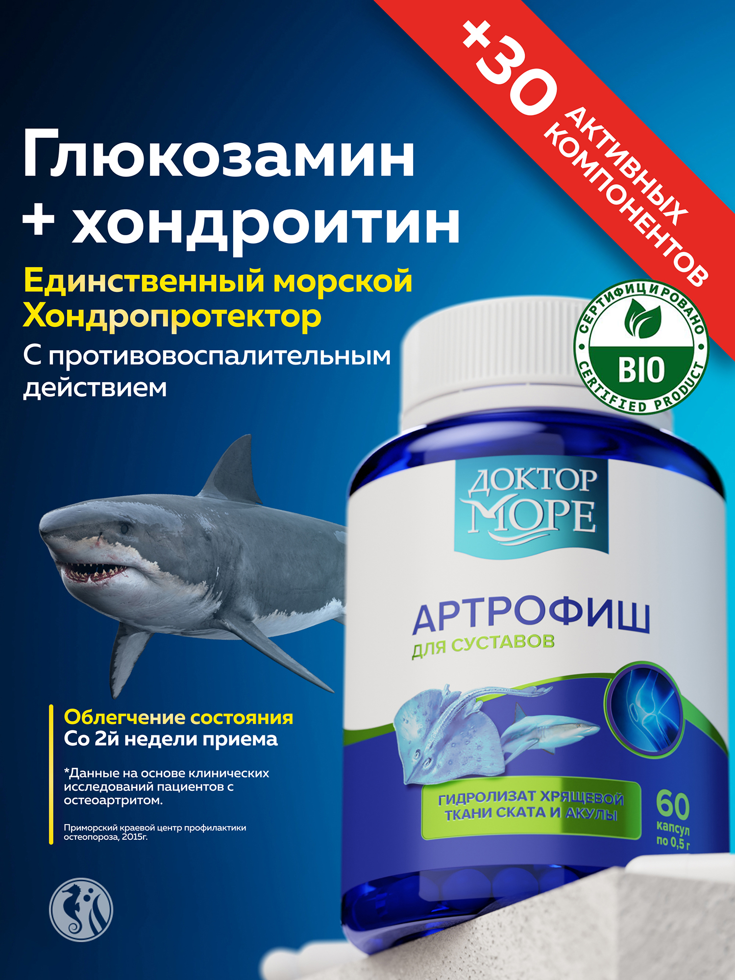 Изображение товара Артрофиш, глюкозамин + хондроитин, морской хондропротектор для суставов и связок, 60 капсул / Доктор Море Изображение товара Артрофиш, глюкозамин + хондроитин, морской хондропротектор для суставов и связок, 60 капсул / Доктор Море