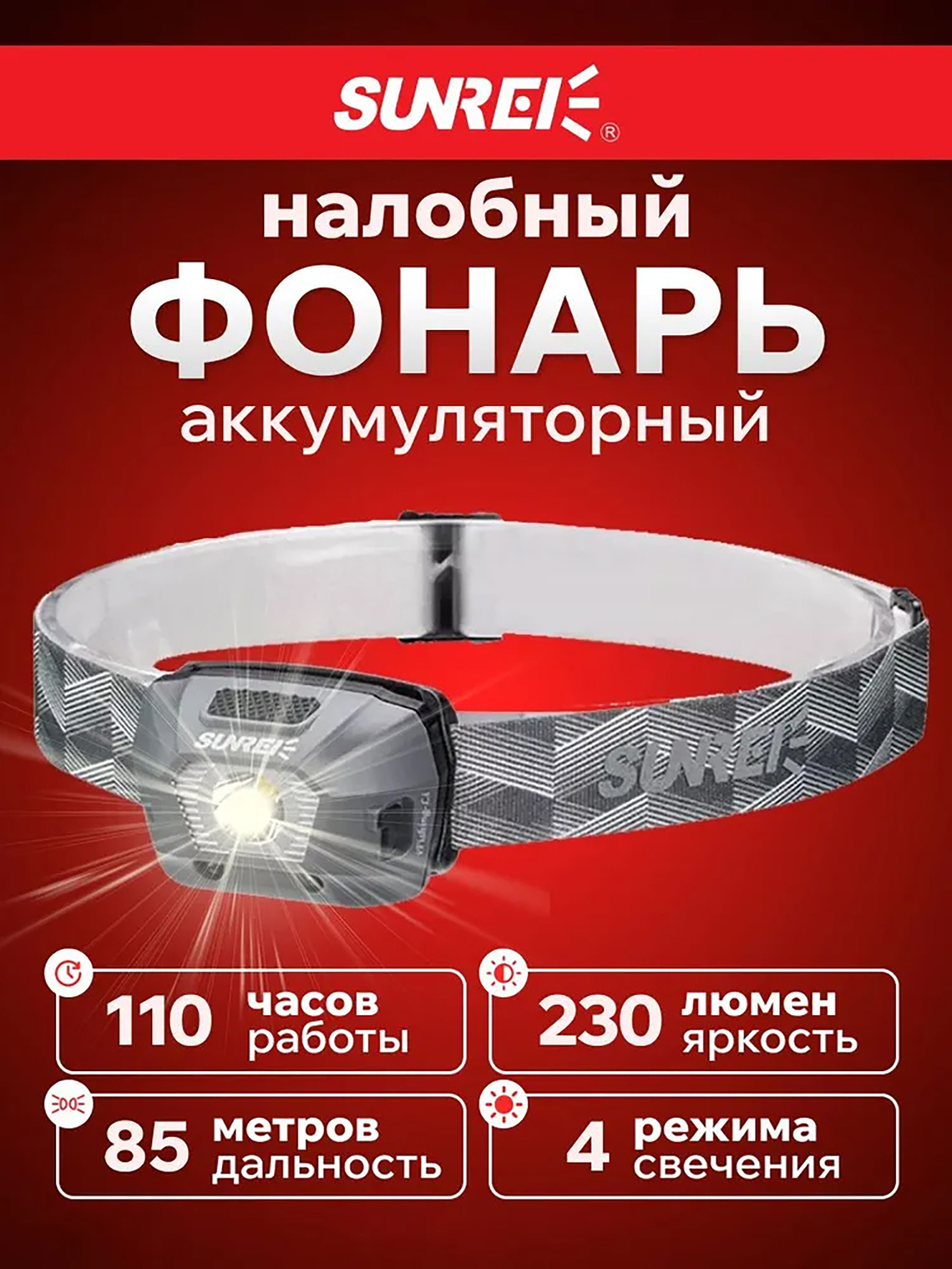 Изображение товара Налобный туристический фонарь SUNREE iFishing-Li 230 Лм влагозащищенный USB режим