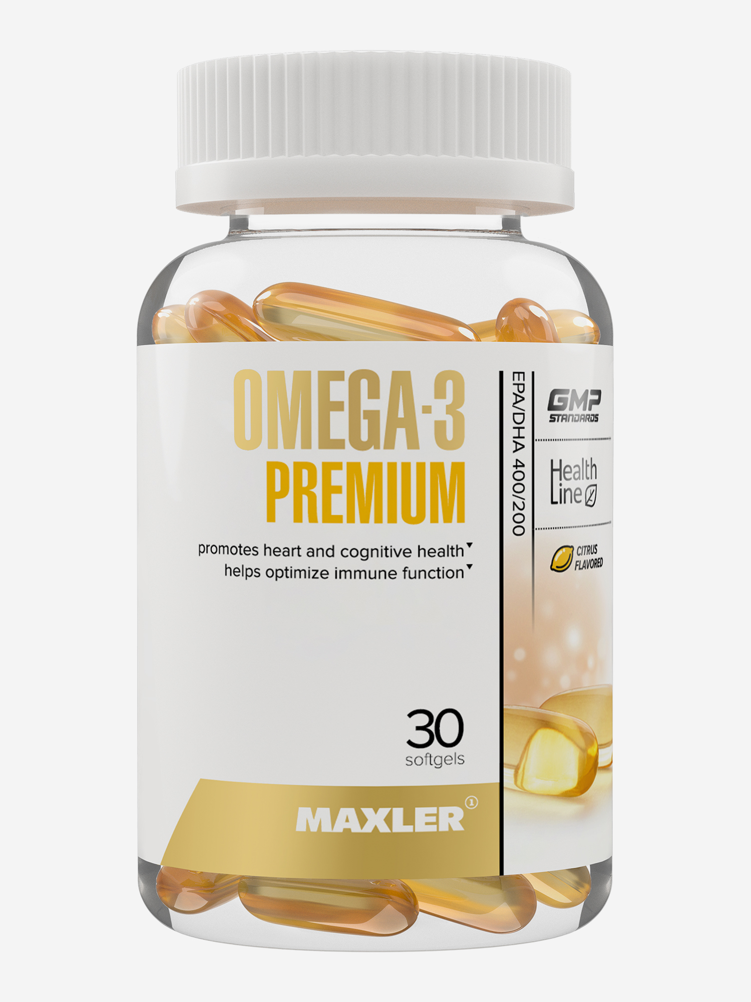 Изображение товара Жирные кислоты Омега-3 Премиум Maxler (ЭПК/ДГК – 400/200), 30 гелевых капсул со вкусом цитруса (США), Белый