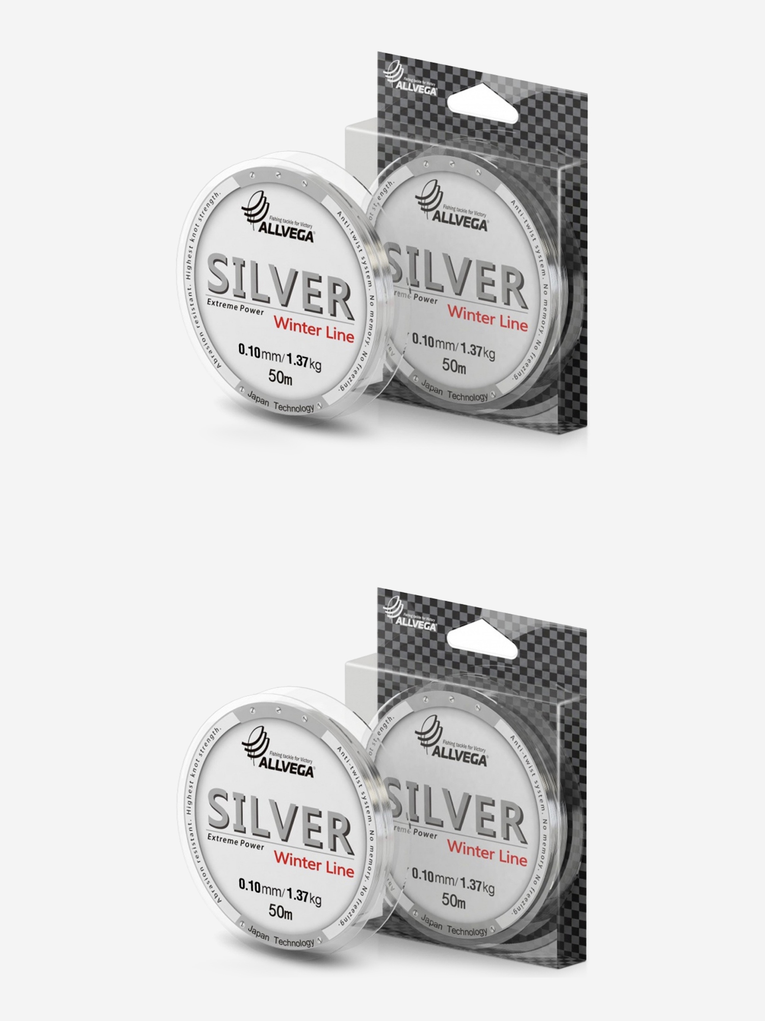 

Леска монофильная ALLVEGA "Silver" набор 2 штуки по 50м 0,10мм (1,37кг) серебристая, Серый