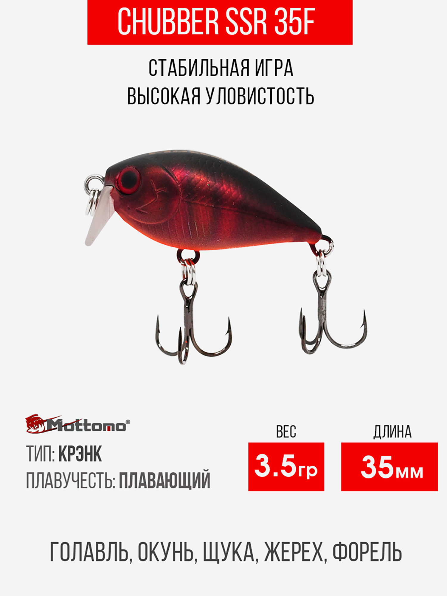 

Воблер Mottomo Chubber SSR 35F 3,5g Dark Fuel, Красный