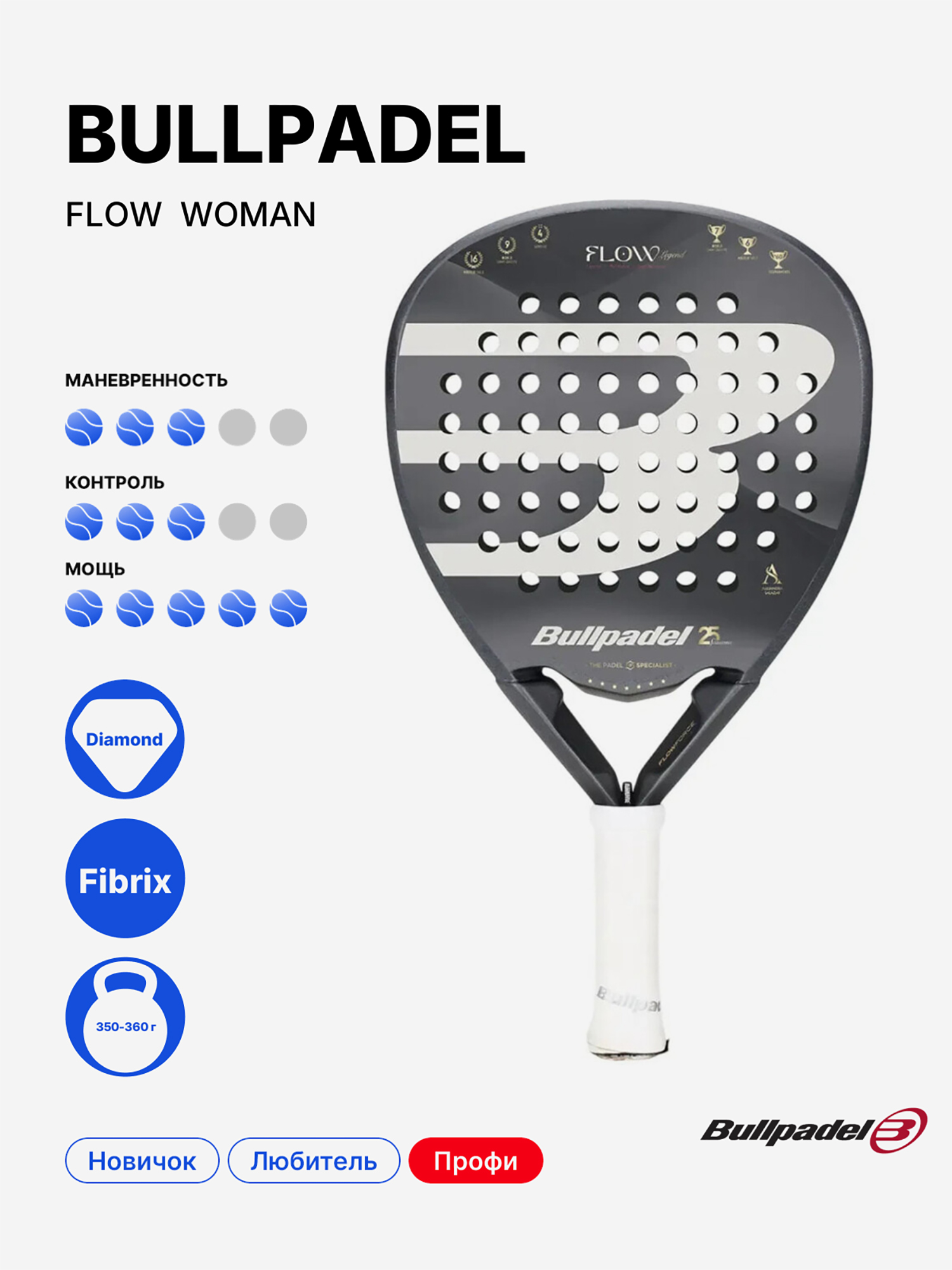 Изображение товара Ракетка для падела BULLPADEL FLOW LEGEND WOMAN профессиональный уровень