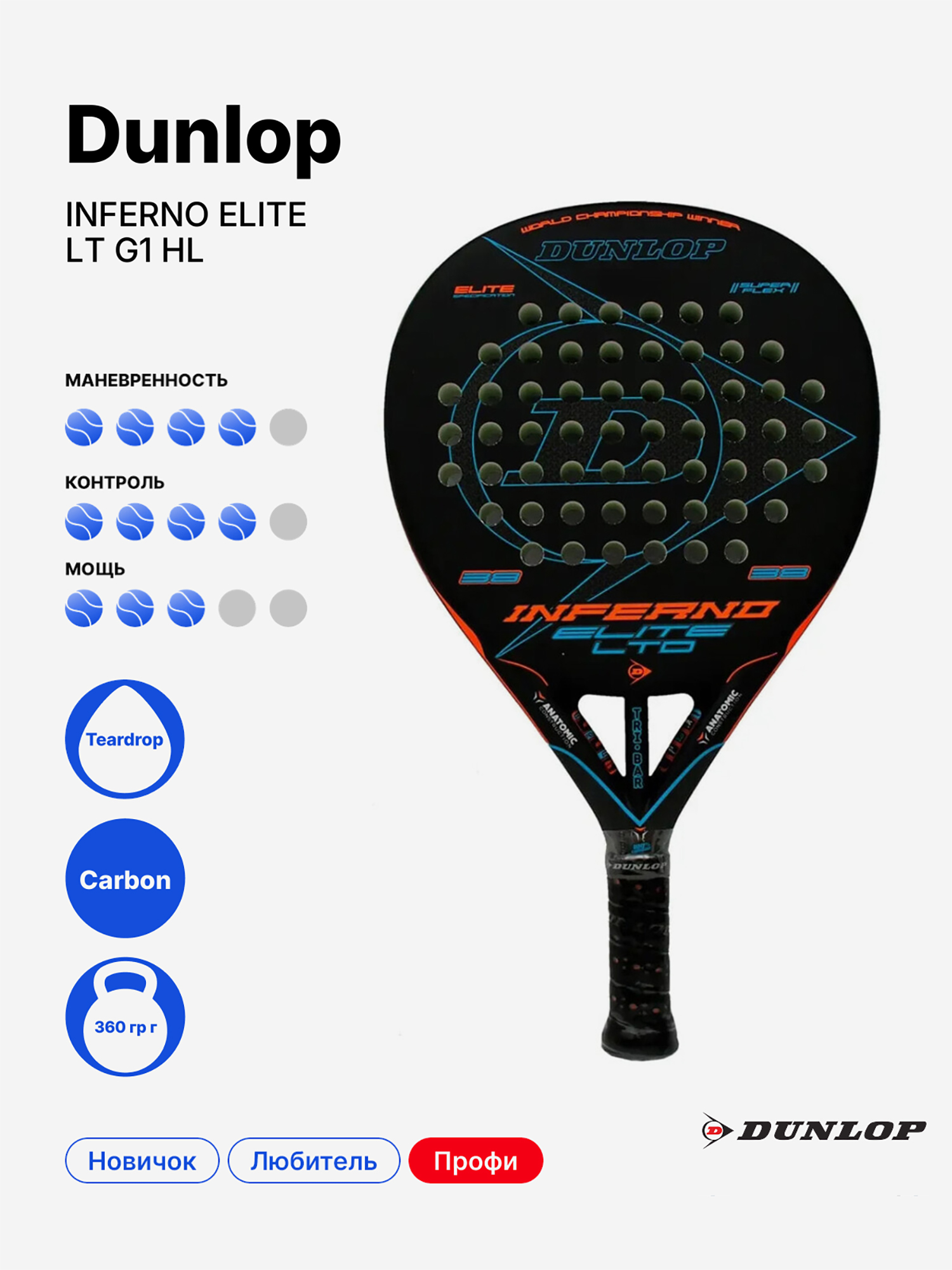 Изображение товара Ракетка для падела Dunlop Inferno Elite LT G1 HL профессиональная Изображение товара Ракетка для падела Dunlop Inferno Elite LT G1 HL профессиональная