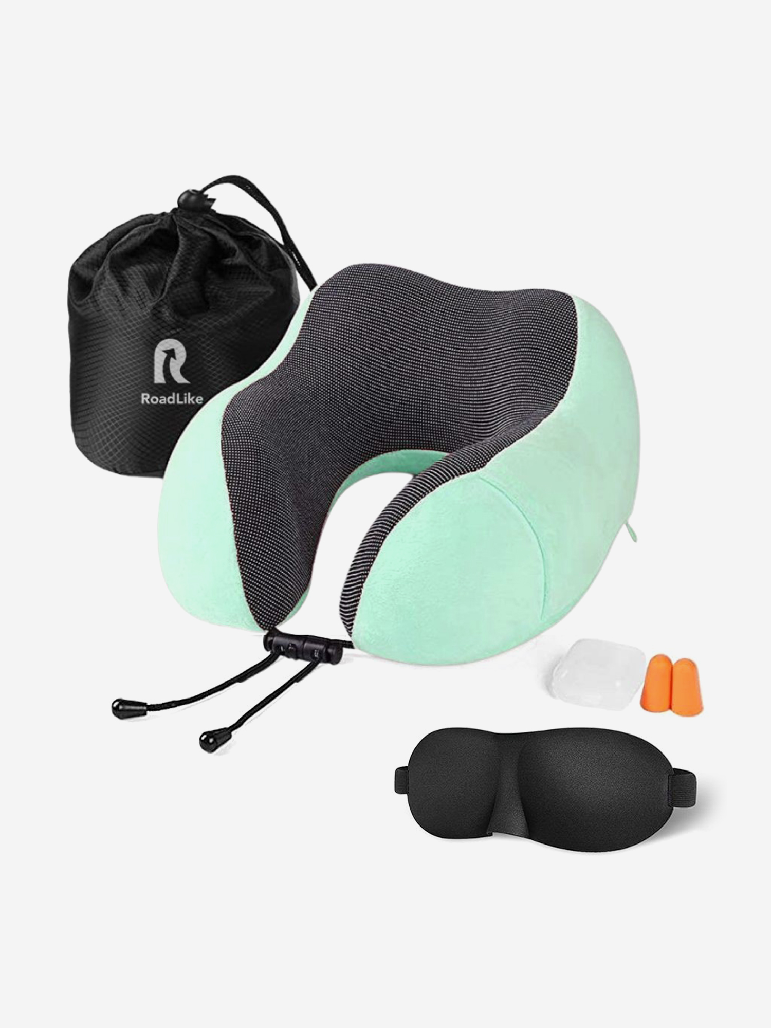 Подушка для путешествий RoadLike Travel Kit Velvet с эффектом памяти, мятный, Зеленый