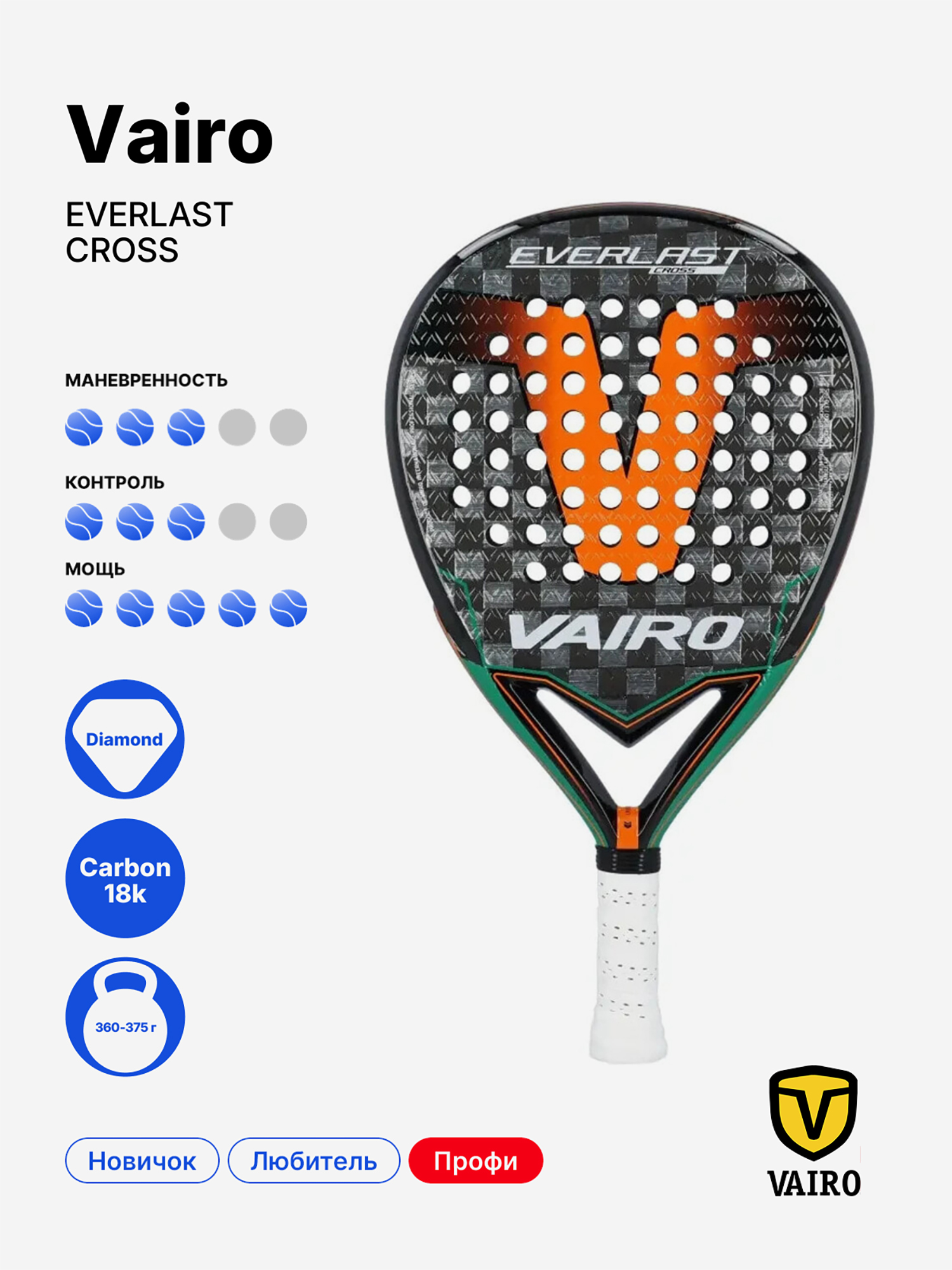Изображение товара Ракетка для падела VAIRO Everlast Cross профессиональная