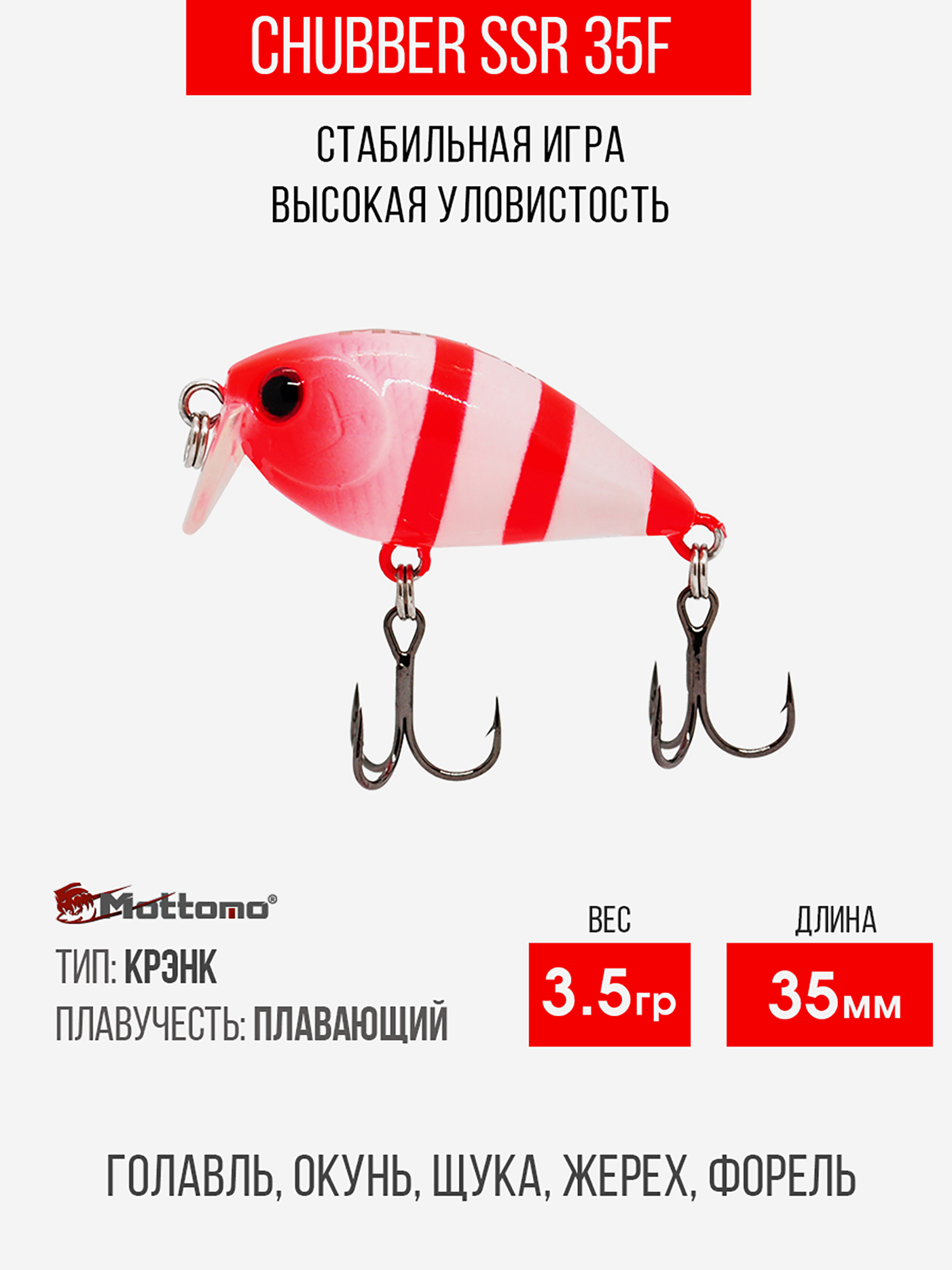 

Воблер Mottomo Chubber SSR 35F 3,5g White Red, Красный
